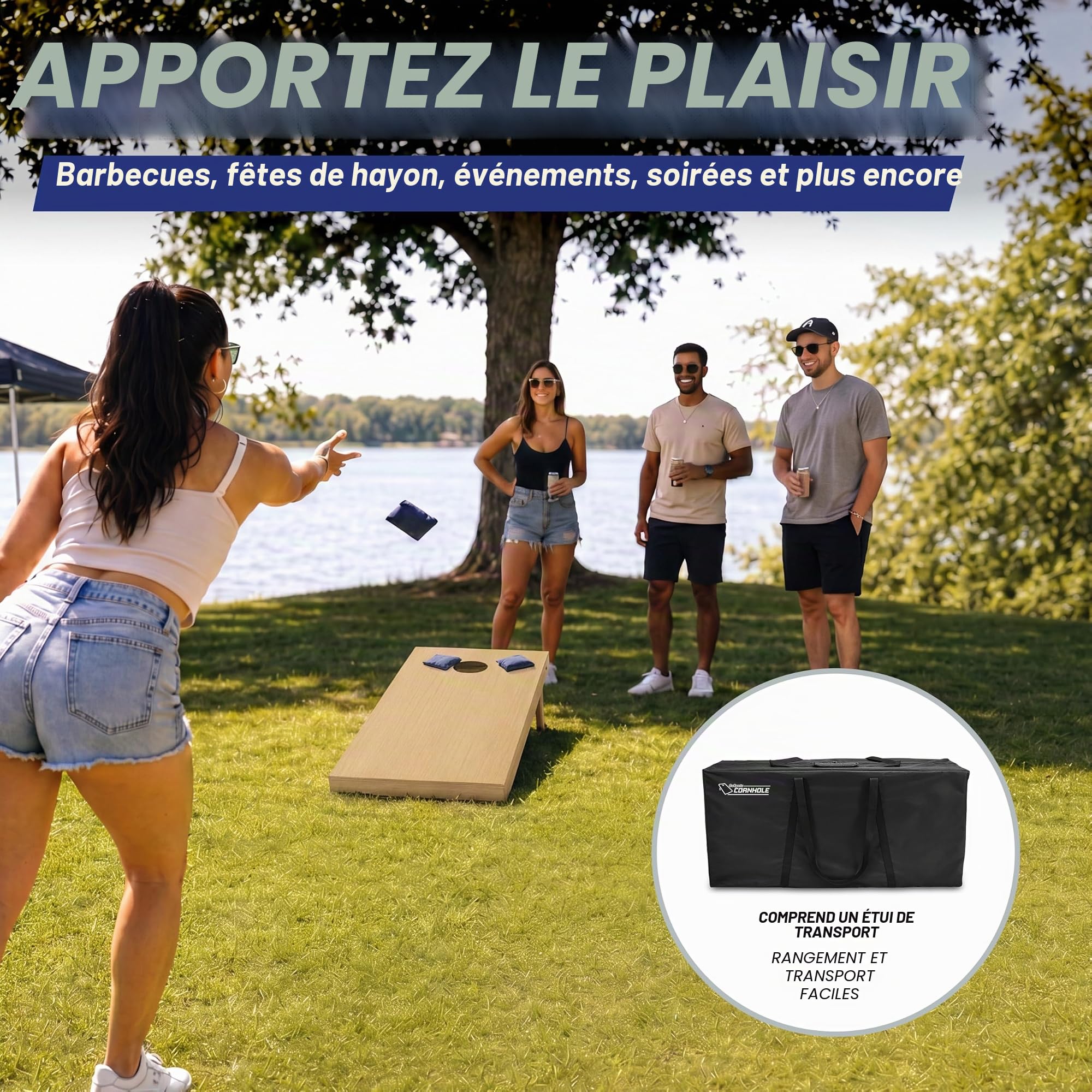 GoSports Ensemble de Cornhole de qualité supérieure en Bois Massif – Choisissez Entre 1,2 m x 6,1 m ou 0,9 m x 6,1 m, Comprend Un Lot de 8 Sacs à Lancer de Trous de maïs