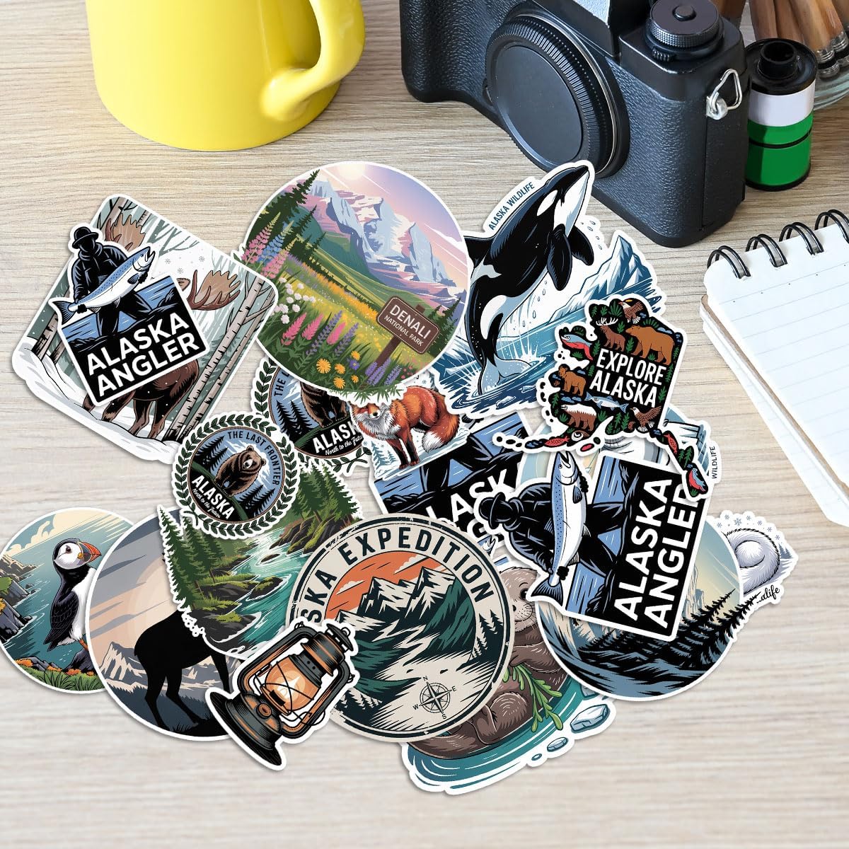 50 Pcs Alaska Stickers Pack, Adventure Wilderness Vinyl Decals with Mountains, Wildlife, Aurora Borealis, Camping, Hiking, Fishing, Nature Travel Designs for Water Bottles, Laptops, Scrapbooking - Image 5