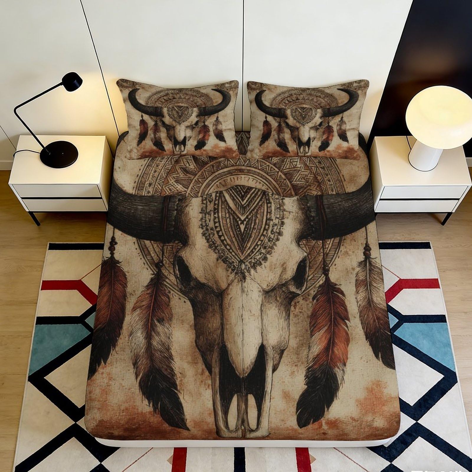 3D Printed Boho Bull Skull Fitted Sheet Microfiber Soft Breathable Feather Dreamcatcher Mattress Cover for Bedroom Decor 120x200x25cm