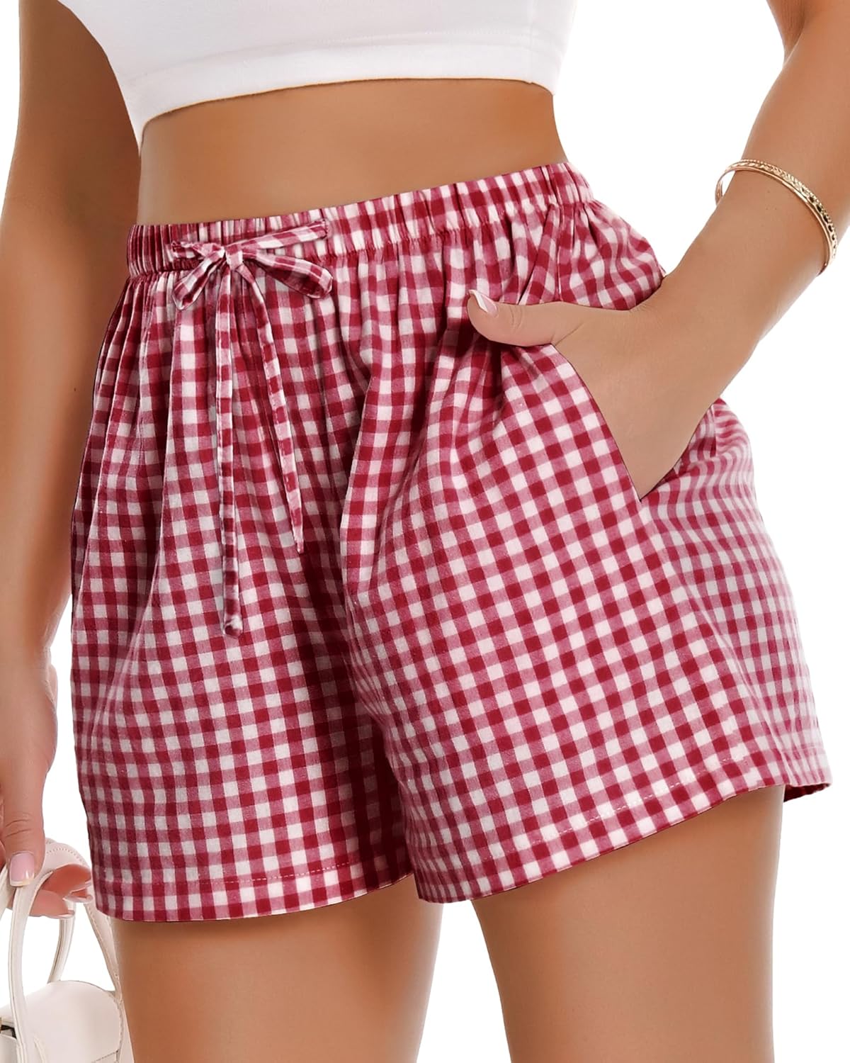 Women Boxer Shorts Comfy Gingham Drawstring Pajama Bottom Plaid Casual Pants with Pocket - Image 2