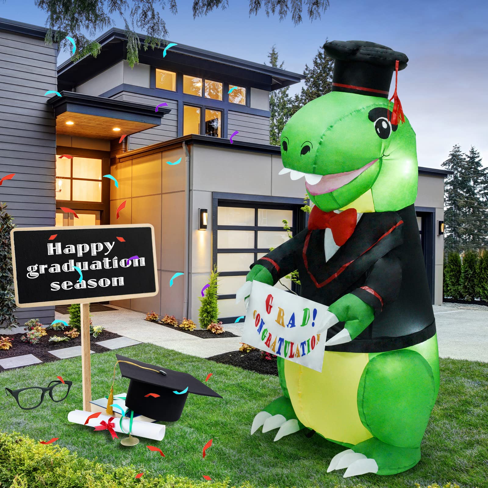 5 Feet Graduation Season Inflatable Toys Outdoor Decorations, Built-in LED Lights for Patio Decorations, Suitable for Patio, Garden, Outdoor, Lawn, Decorative Inflatable Dr. Dinosaur.