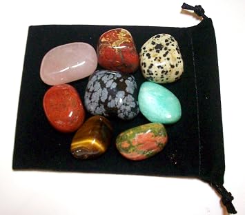 8 Semi-precious Tumbled Stones Collection-Snowflake Obsidian, Tigers Eye, Jasper,Rhodonite, Green Aventurine, Dalmation Stone, Brecciated Jasper, Rose Quartz plus a Free Velvet Bag and Stone Identification Chart