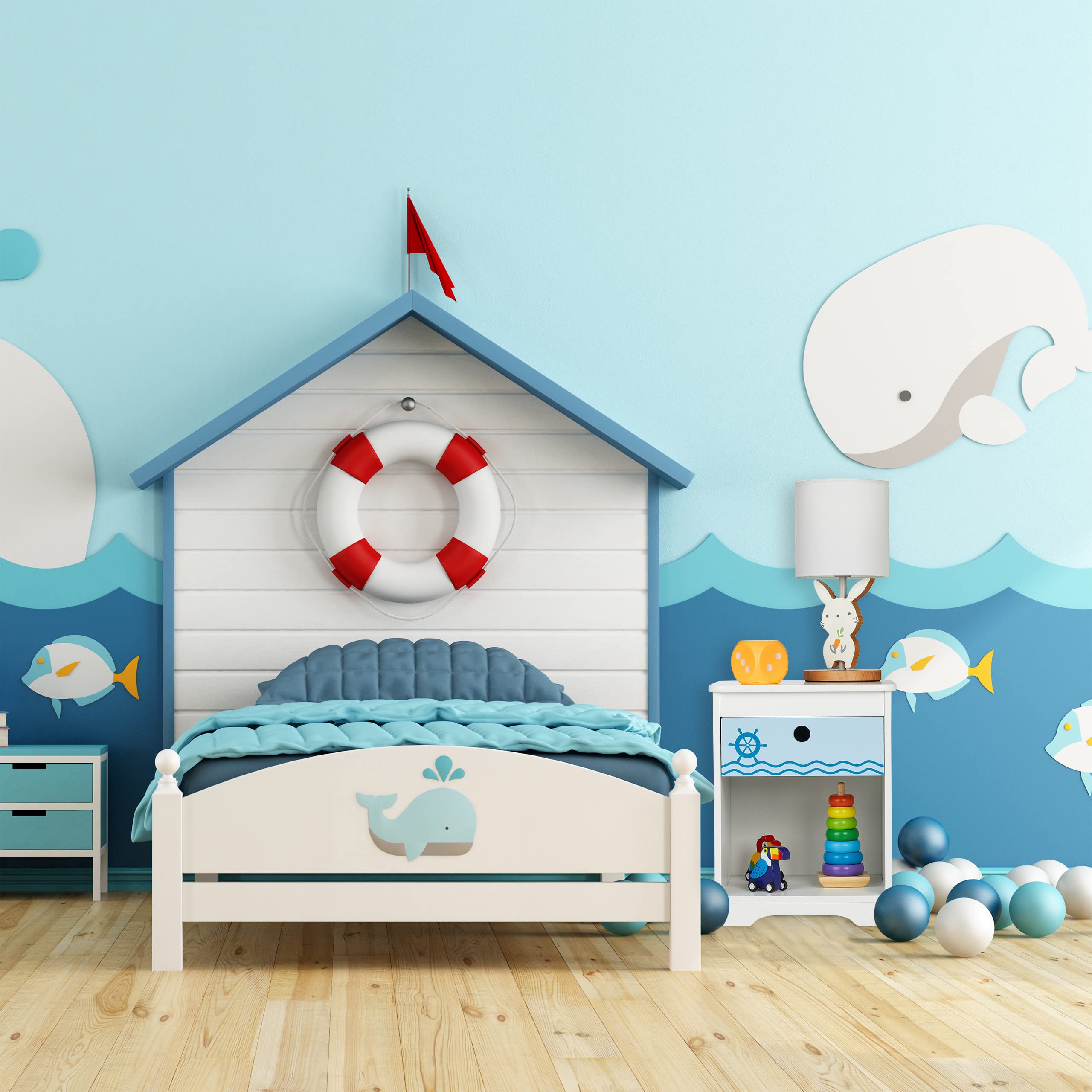 Relaxdays Comodino da Letto per Bambini, Design Mare, Cassetto e Scomparto, HLP 41x32x31 cm, Cameretta Bimbi, Bianco Blu