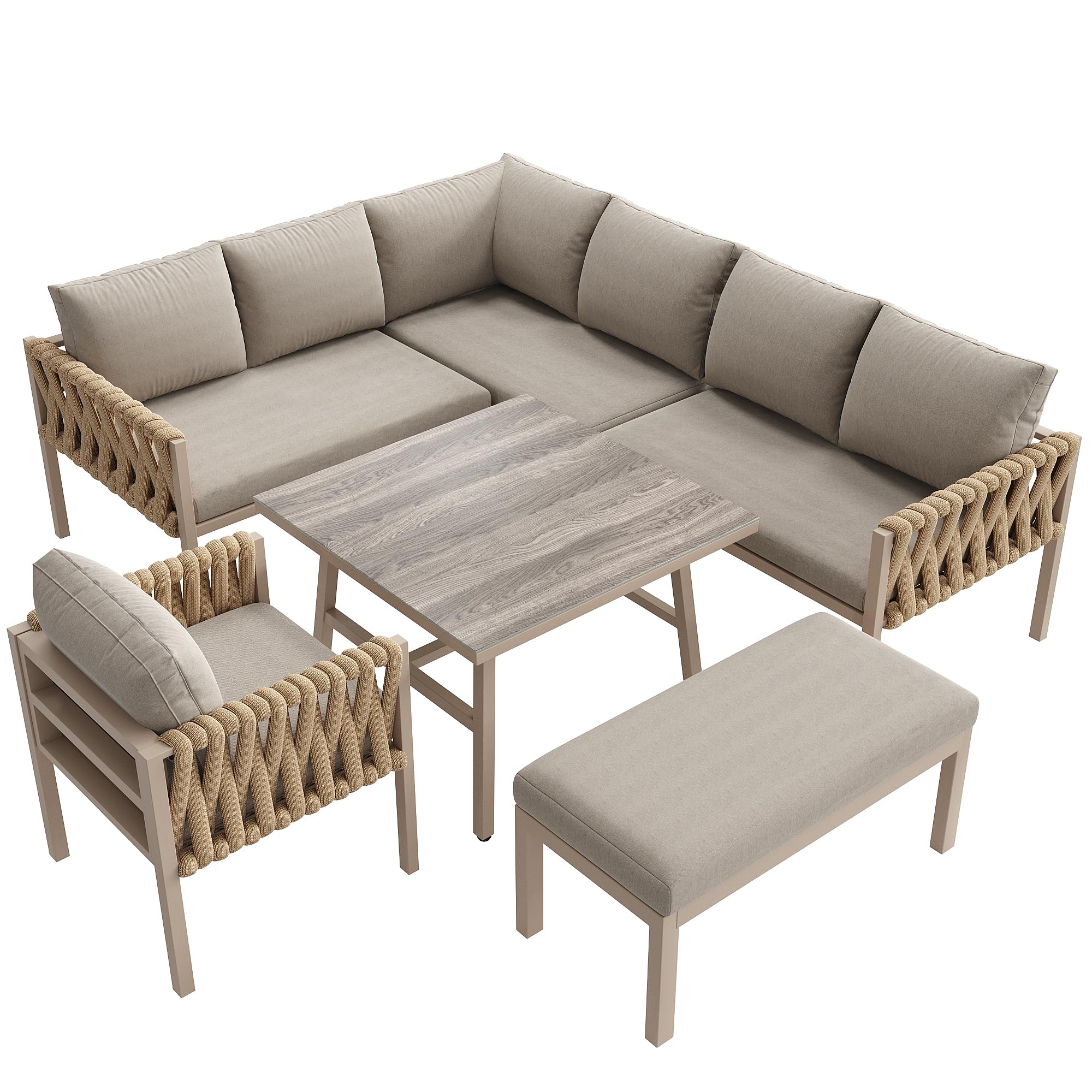 Salon de Jardin Extérieur 6/8 Personnes, Canapé d'angle et Fauteuils en Corde Ensemble de Table et Chaise de Jardin avec 2 Canapés Longs, 1 Canapé Simple et 1 Table en Fer Galvanisé (Beige)