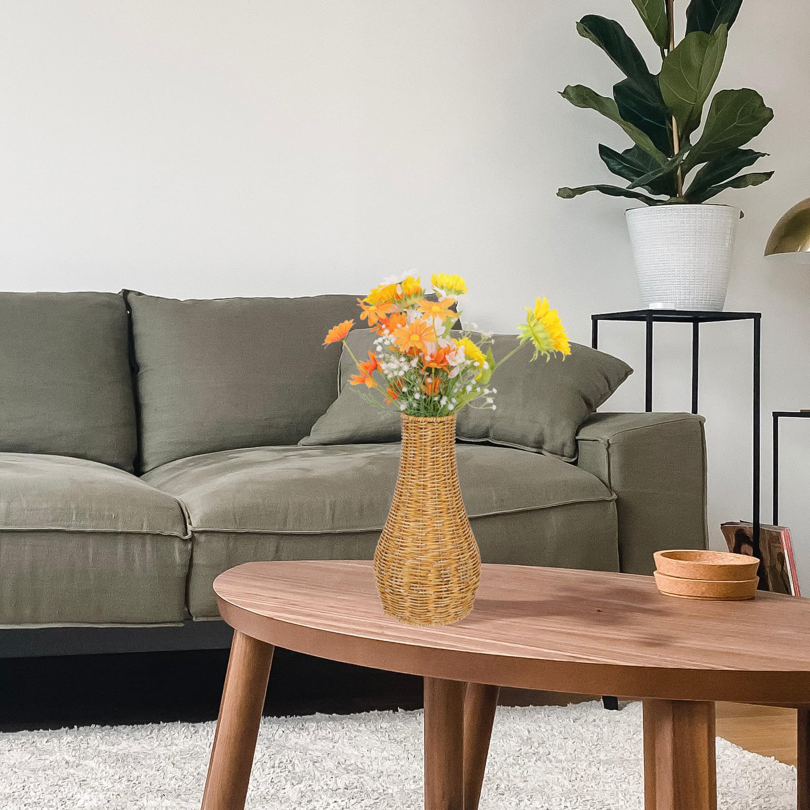 Generisch Geflochtene Kunststoffvase Rattanoptik Groß Handgewebte Dekovase für Trockenblumen Wohnzimmer Büro und Balkon