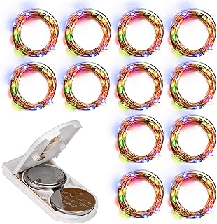 Homemory 12 Pcs Multicolor Christmas Fairy String Lights, 7ft 20LED Starry Christmas Lights Battery Operated, Copper Wire Colorful Mini Firefly Lights for Mason Jar Christmas Bedroom Decor
