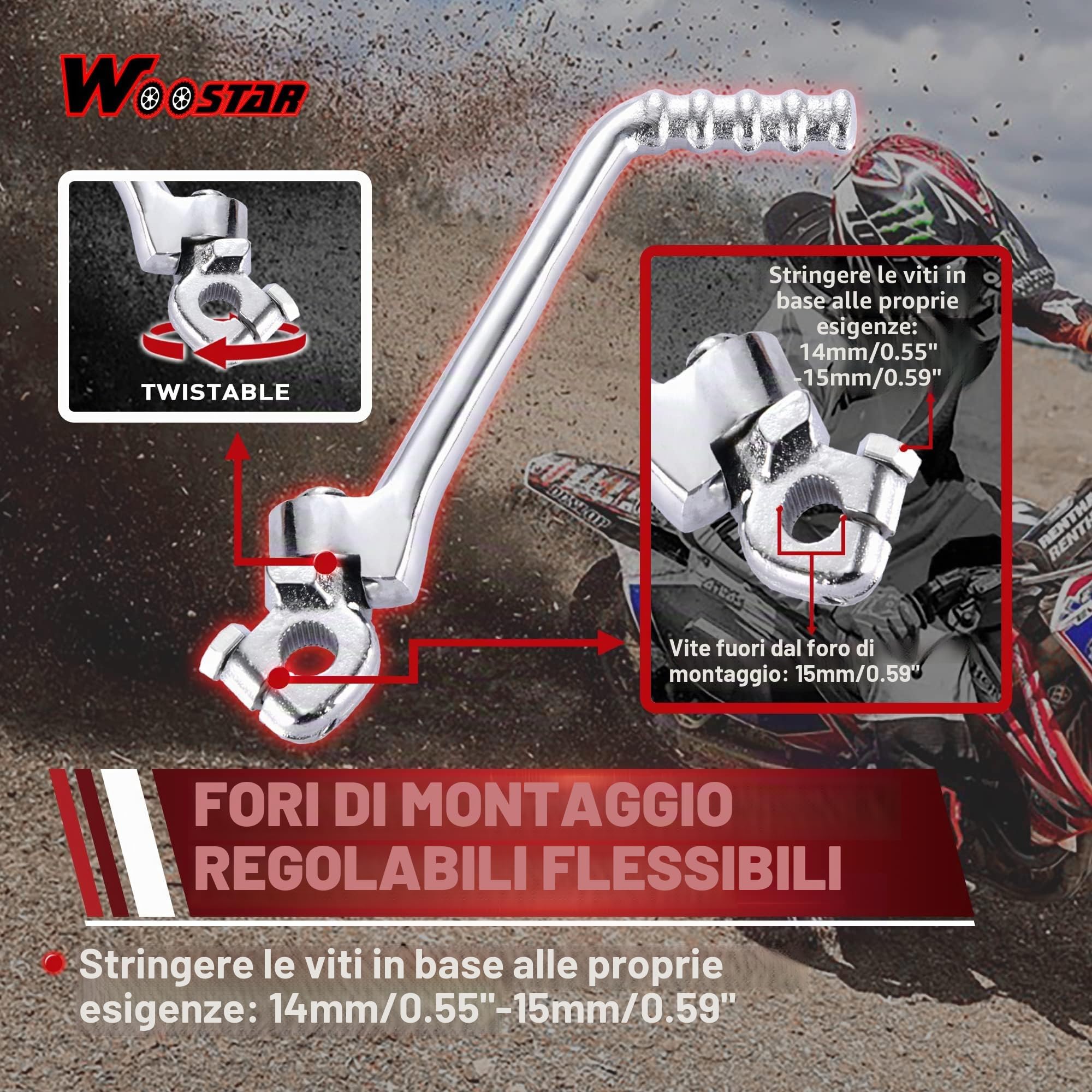 WOOSTAR Avviamento Pedale a Leva 15mm Regolabile Sostituzione per 50cc 70cc 90cc 110cc 125cc 150cc Pit Bike Dirt Bike Argento