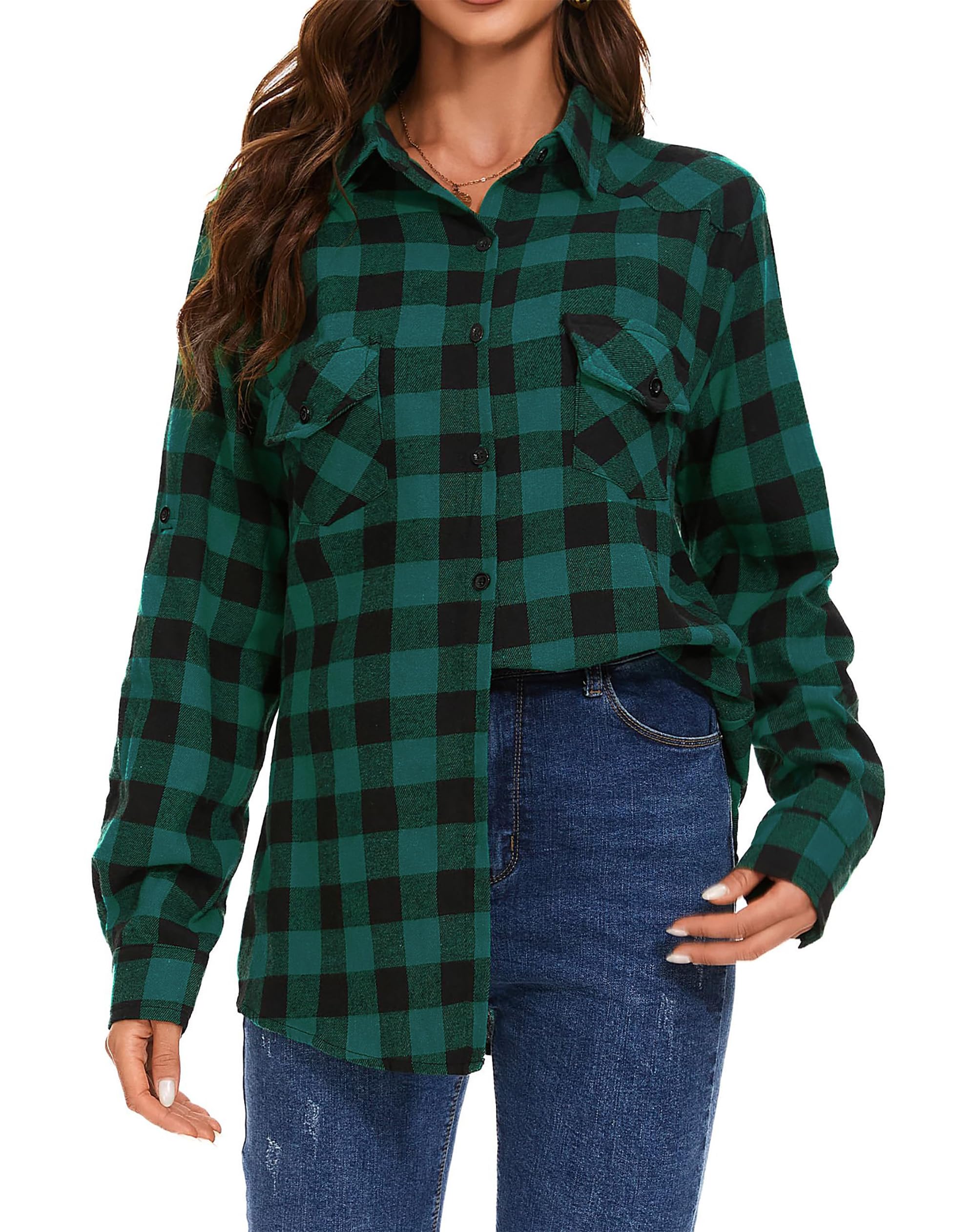 Timuspo Damen Kariertes Hemdbluse Knopfleiste Langarm Oktoberfest Bluse Karo Tunika Casual V-Ausschnitt Oberteile Flanellhemd Tops