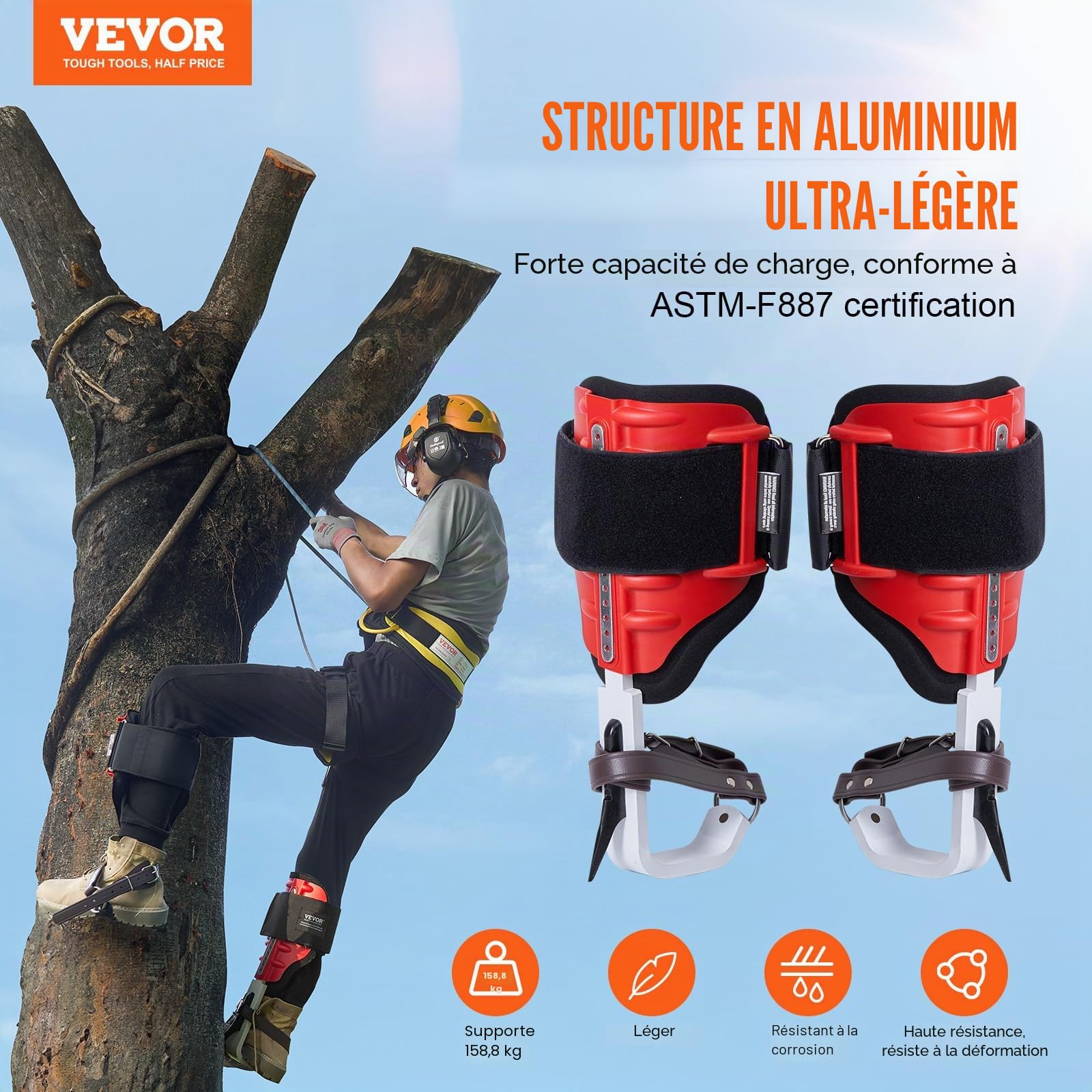 VEVOR 1 paire d'éperons d'escalade réglables en hauteur, capacité de charge de 158,8 kg avec sangles, équipement d'arboriste pour grimpeurs, chasse, cueillette de fruits