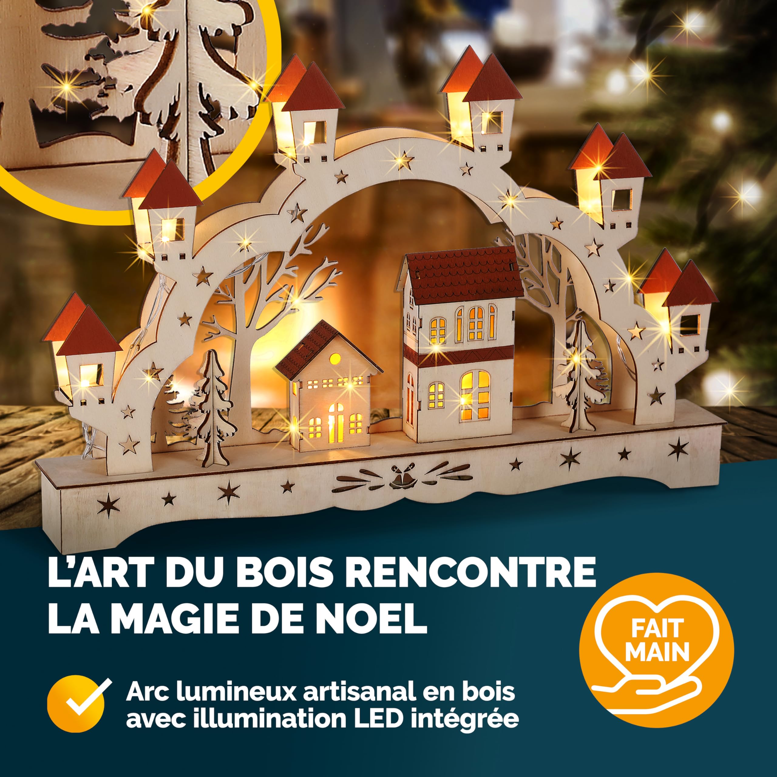 Monzana Arc Lumineux de Noël 'Paysage' à 8 LED décoration en Bois Illumination intérieur Effet 3D Arche Lumineuse fêtes