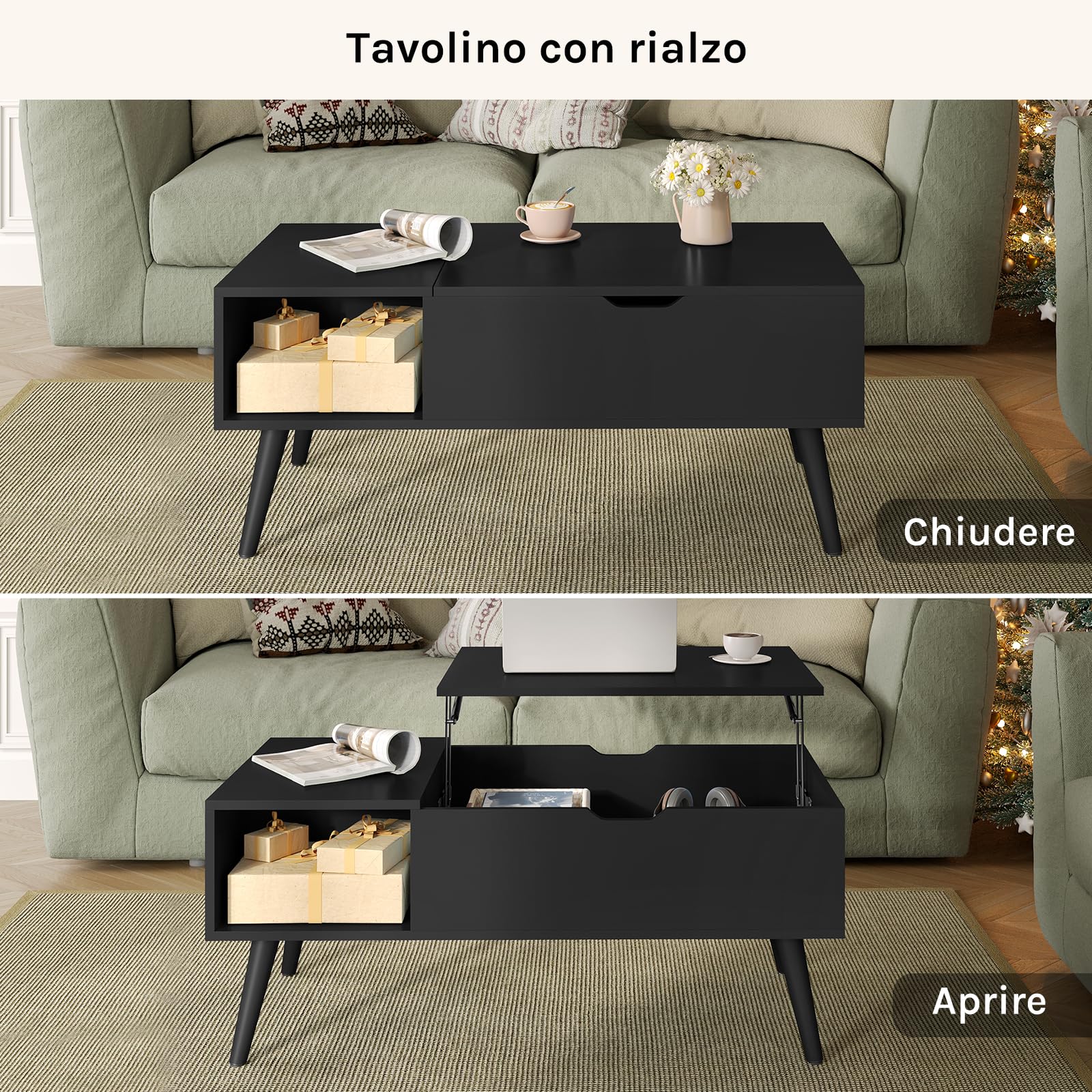 WOLTU Tavolino da Caffè Sollevabile e Allungabile, Tavolo con Spazio Interno e Scomparto Aperto, Tavolino da Salotto per Soggiorno, 100x50x(43-57) cm, Nero, BTS26sz