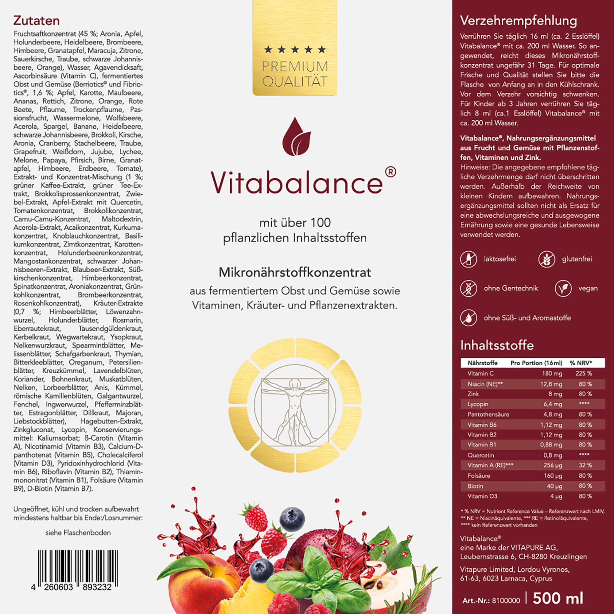 Vitabalance® Mikronährstoffkonzentrat 500 ml – 128 Zutaten inkl. fermentiertem Obst und Gemüse – für die tägliche Nährstoffversorgung von Familie & Kindern ab 3 Jahren | Vegan | 1-Monats-Vorrat
