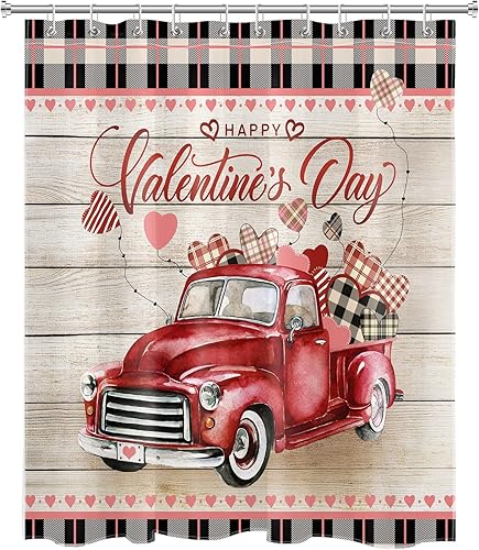 Miniatura 2 de WEENEO Valentines Day Shower Curtain Rustic Farmhouse Vintage Plaid and Red Truck Shower Curtain Set for Bathroom Romantic Heart Balloon Waterproof