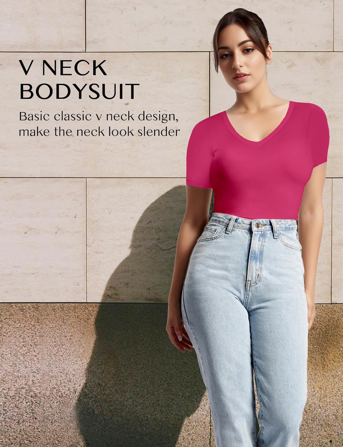 YOGINGO Womens V Neck Bodysuit Short Sleeve Bodysuits For Women Sexy Going Out Thong Body Suit Tops Shirts Basic Clothing Tank Leotards Jumpsuits Bustier Tops Curvy Dupe Tummy Control Red Large - Image 3