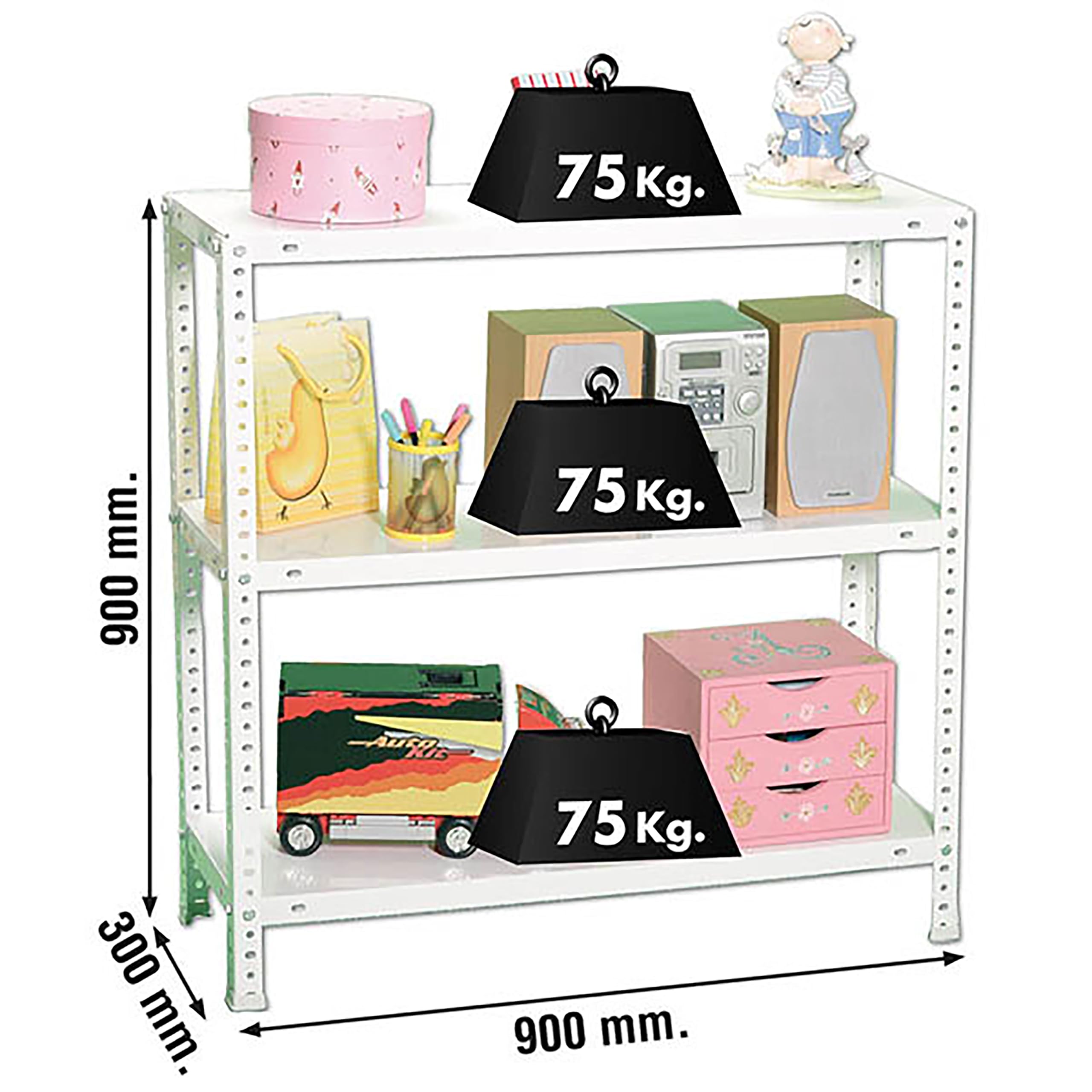 Simon Rack Estanteria Metalica 900x900x300 mm, 3 Alturas, Bandeja Metal, 75 kg de Punto Flexión, Estanteria Almacenaje, Blanca - Advantage