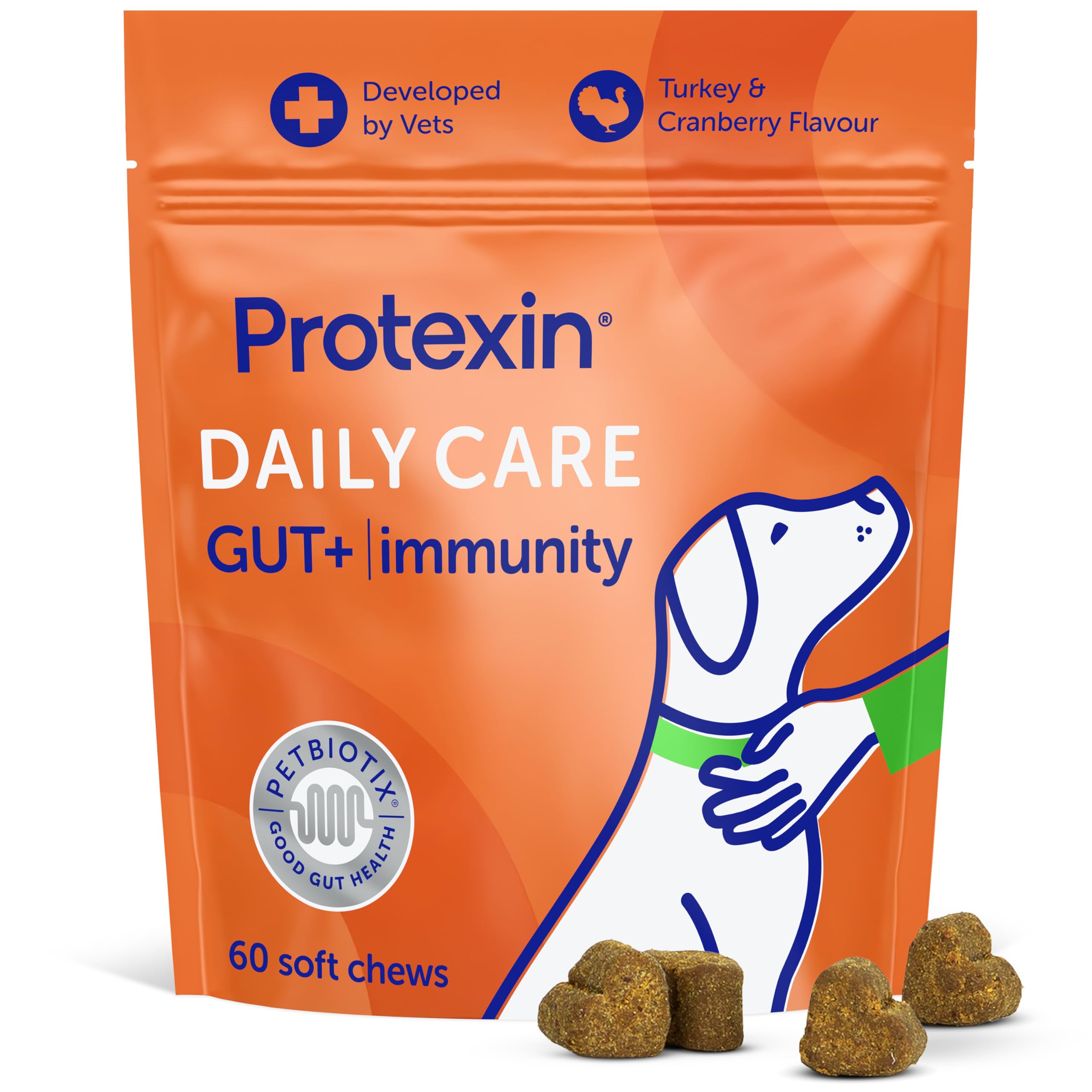 Protexin Daily Care Gut+ Immunity – Probiotic, Prebiotic & Postbiotic Chews for Dogs – Supports Gut Health, Immune Function & Digestion – Turkey & Cranberry Flavour – 60 Soft Chews