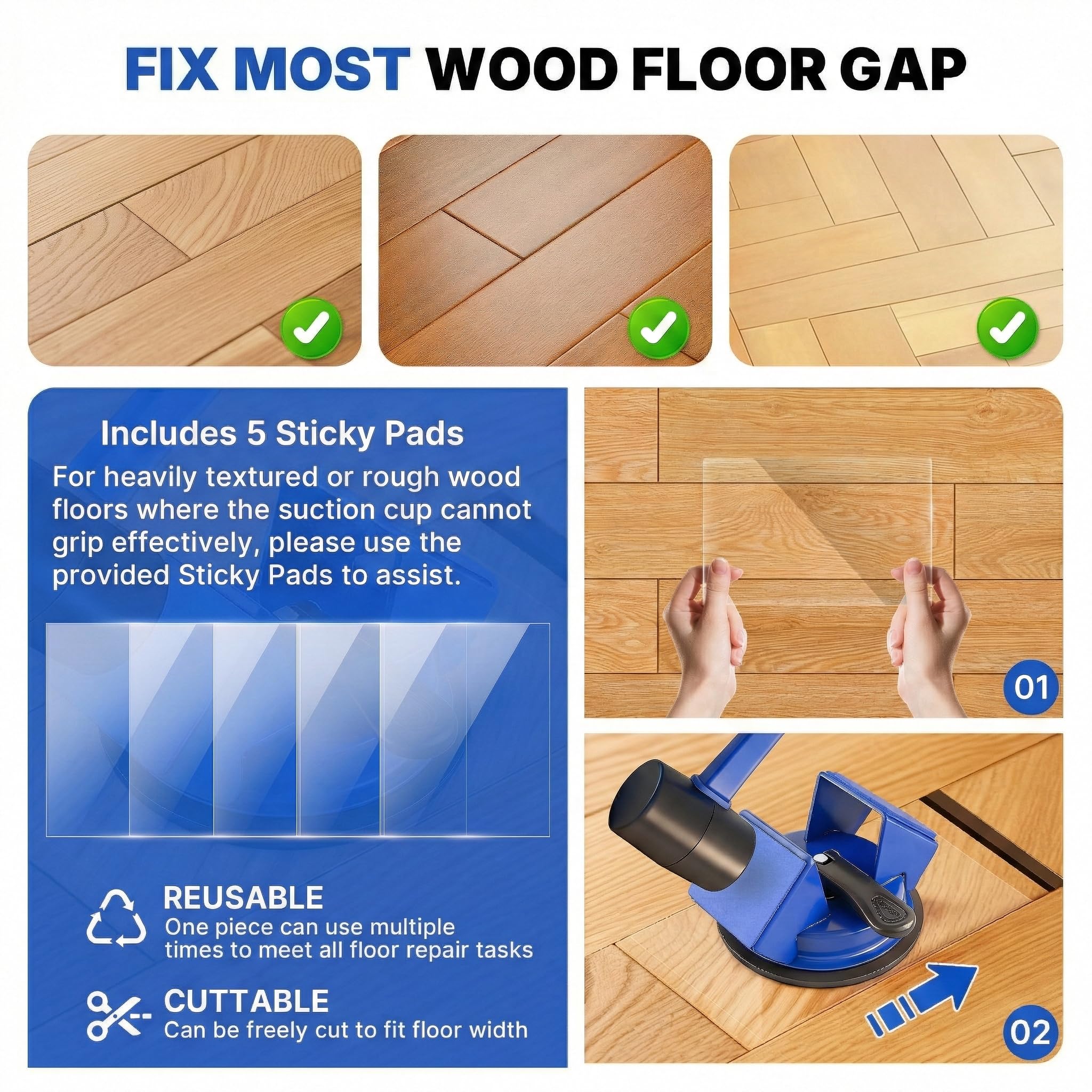 Floor Gap Fixer Tool Heavy Duty 45°Striking Surface Floor Gap Repair Tool Made of Iron & Enhanced Suction Cup with Slot Cutter and 5pcs Sticky Pads for Fixer Laminate/Vinyl Flooring Tools — view 6