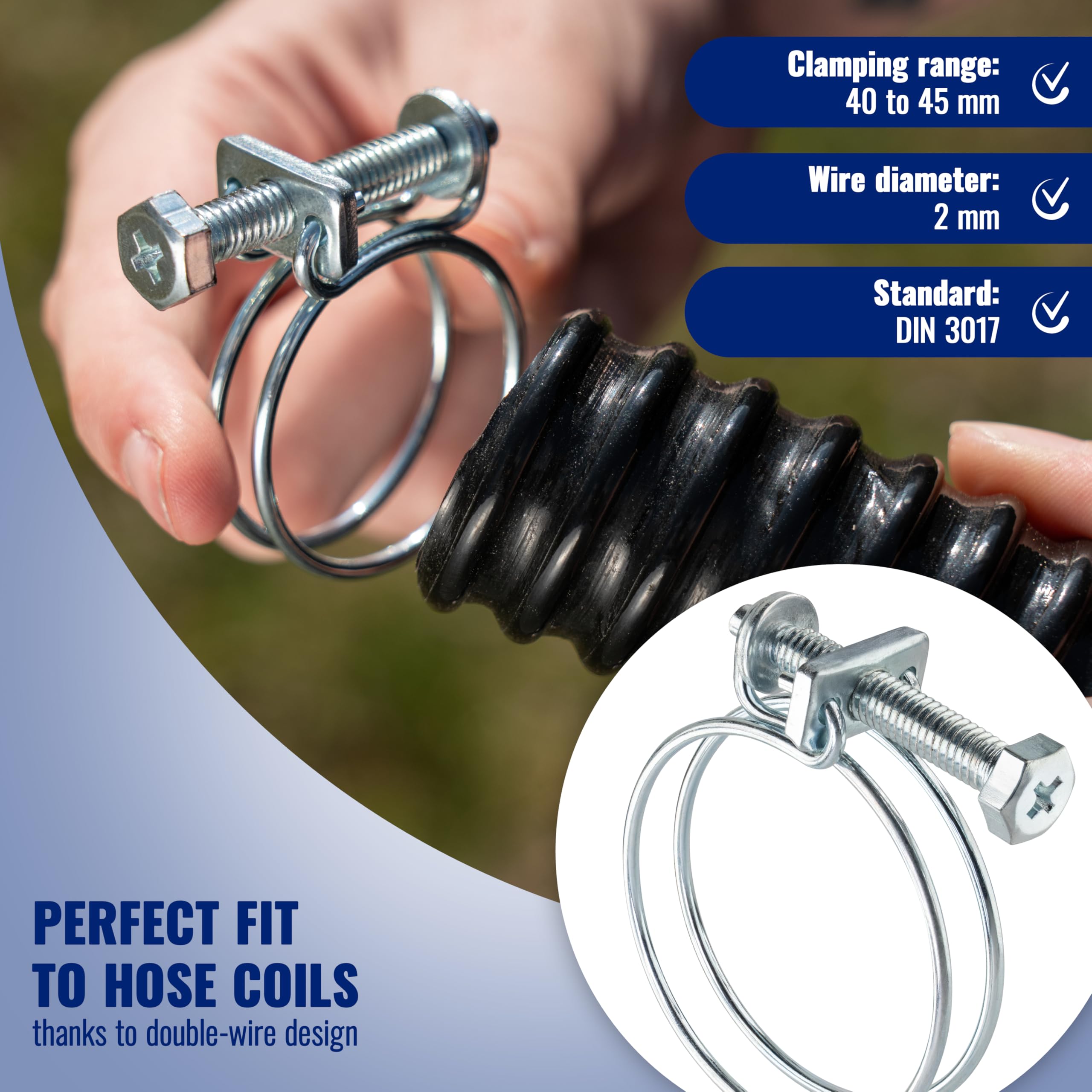 Poppstar 5 Pieces Double Wire Hose Clamp W1 Galvanised Steel Hose Clips, Clamping Width 40-45mm, Wire Diameter 2mm - Image 2