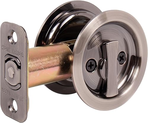Miniatura 2 de Stone Harbor Hardware Cerradura de puerta de bolsillo redondo, función de privacidad, fondo de 2-38", níquel antiguo