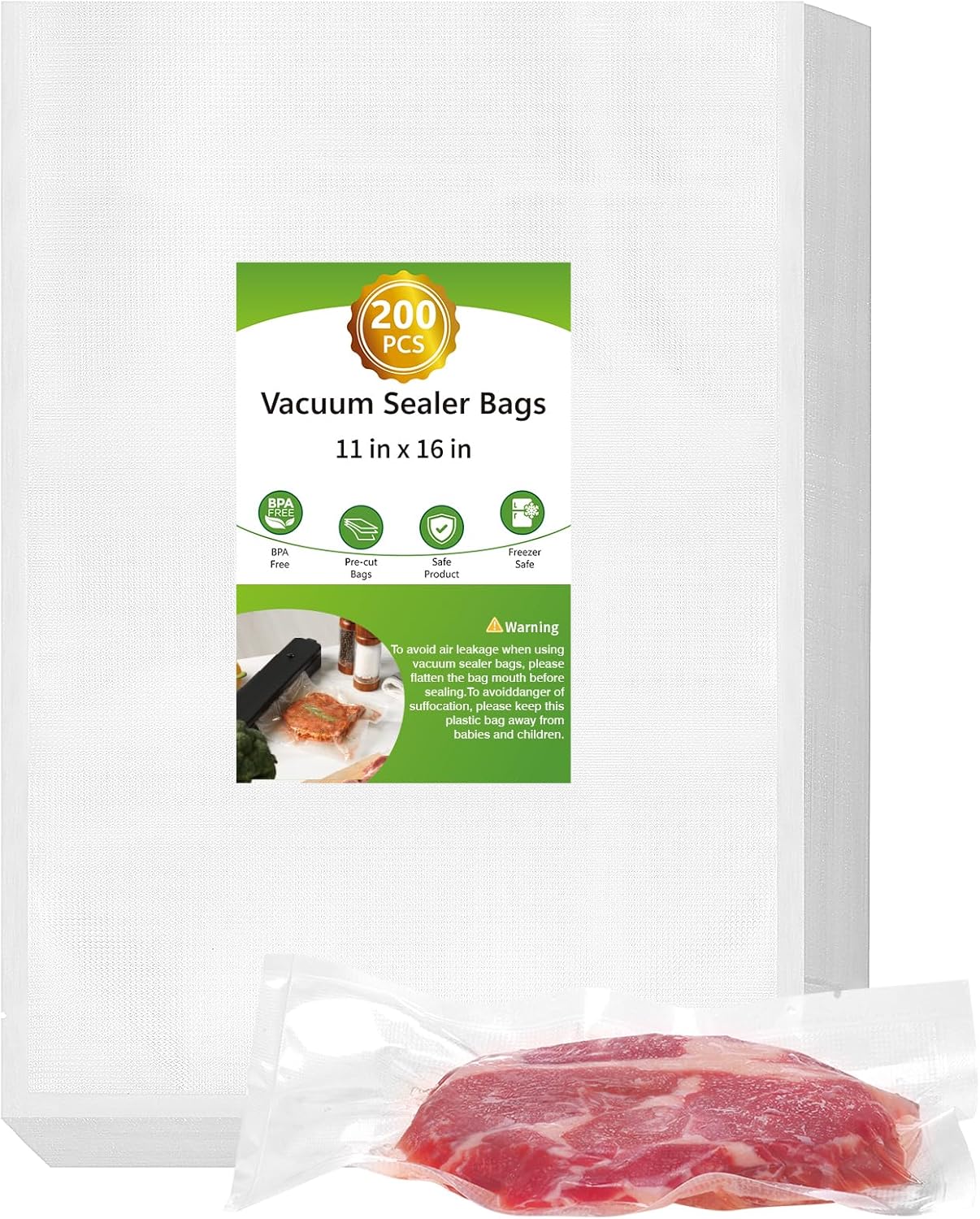 Moretoes 200pcs Vacuum Sealer Bags, Food Saver Bags Gallon 11" x 16" BPA Free, Pre-cut Commercial Grade Vac Bags for Food Storage, Meal Prep or Sous Vide