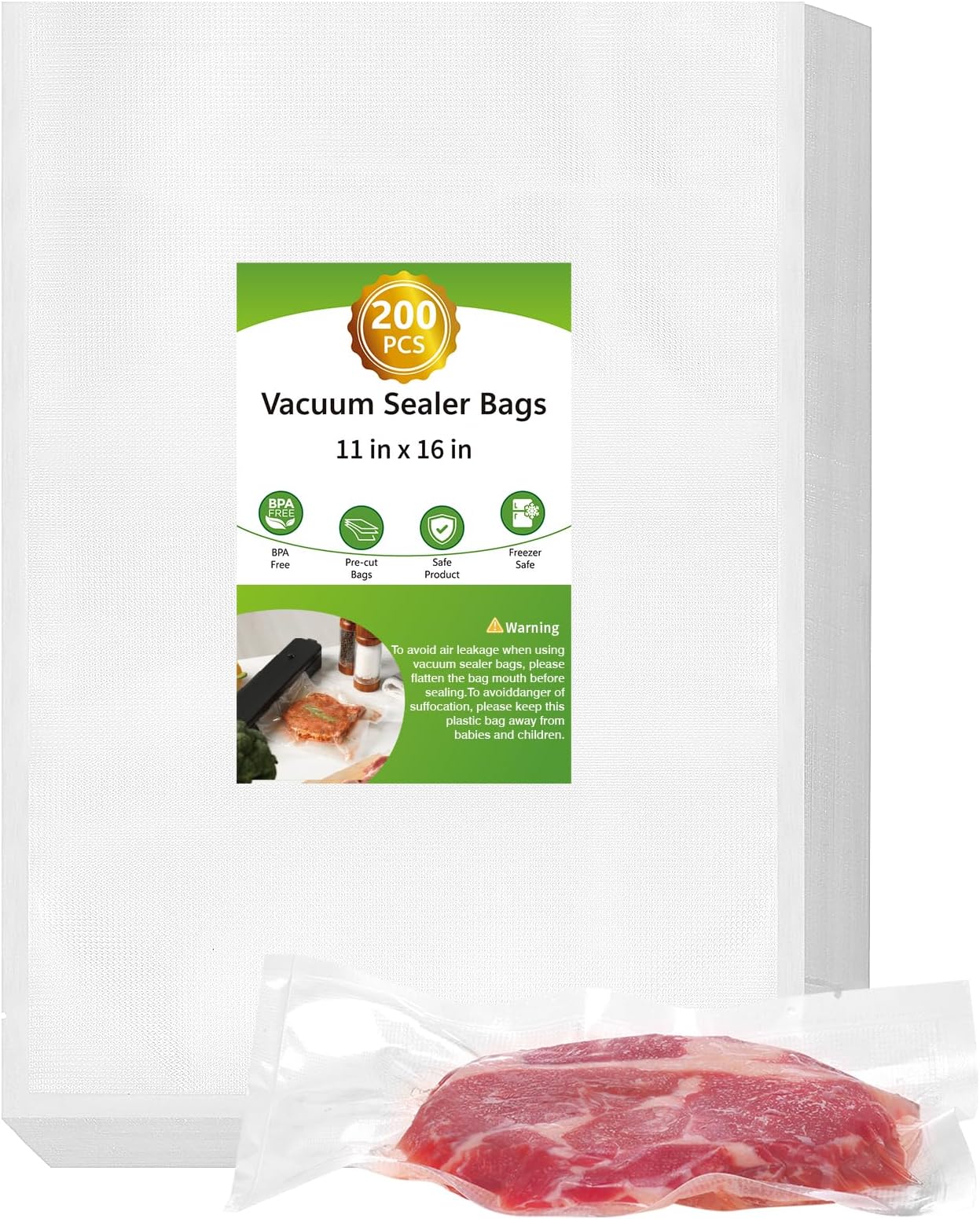 Moretoes 200pcs Vacuum Sealer Bags, Gallon 11" x 16", BPA Free, Pre-cut Commercial Grade Vac Bags for Food Storage, Meal Prep or Sous Vide