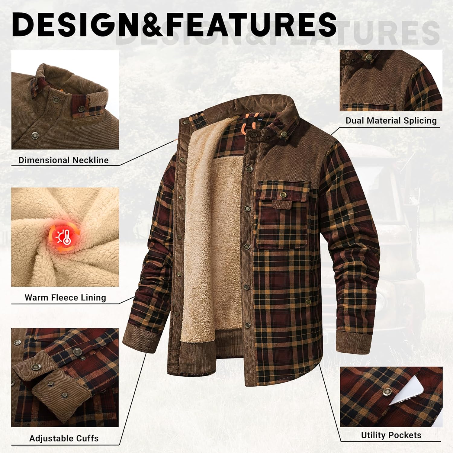 PEHMEA Men's Flannel Shirt Jacket Plaid Sherpa Lined, Warm Fleece Coat for Fall Winter Outdoor - Image 8