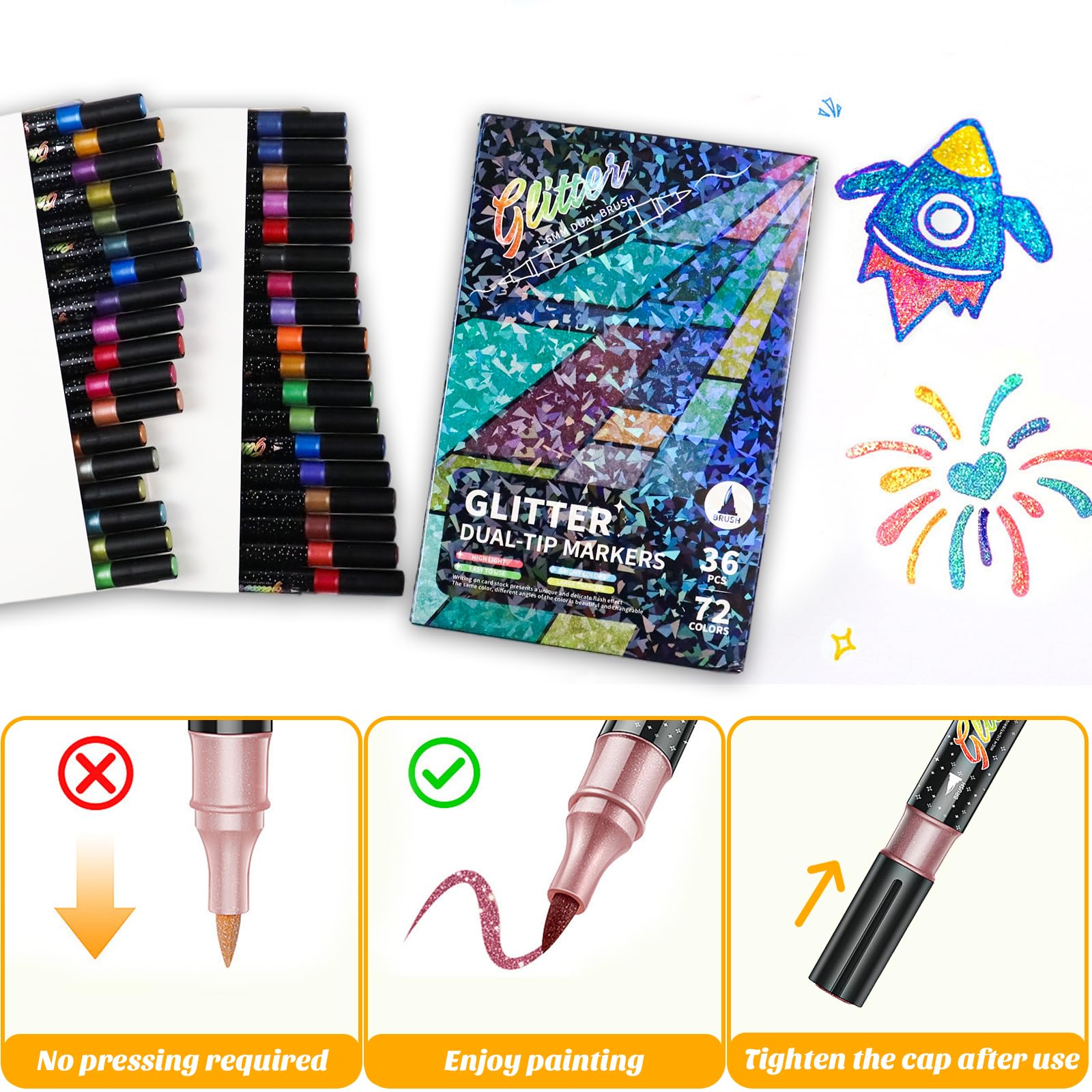 Set Di Pennarelli Glitter 72 Colori, Pennarelli Glitter a Doppia Punta (Confezione Da 36), Marker Metallici Scintillanti, Penne Glitter Per Colorare, Fai Da Te, Scrapbooking e Scrittura
