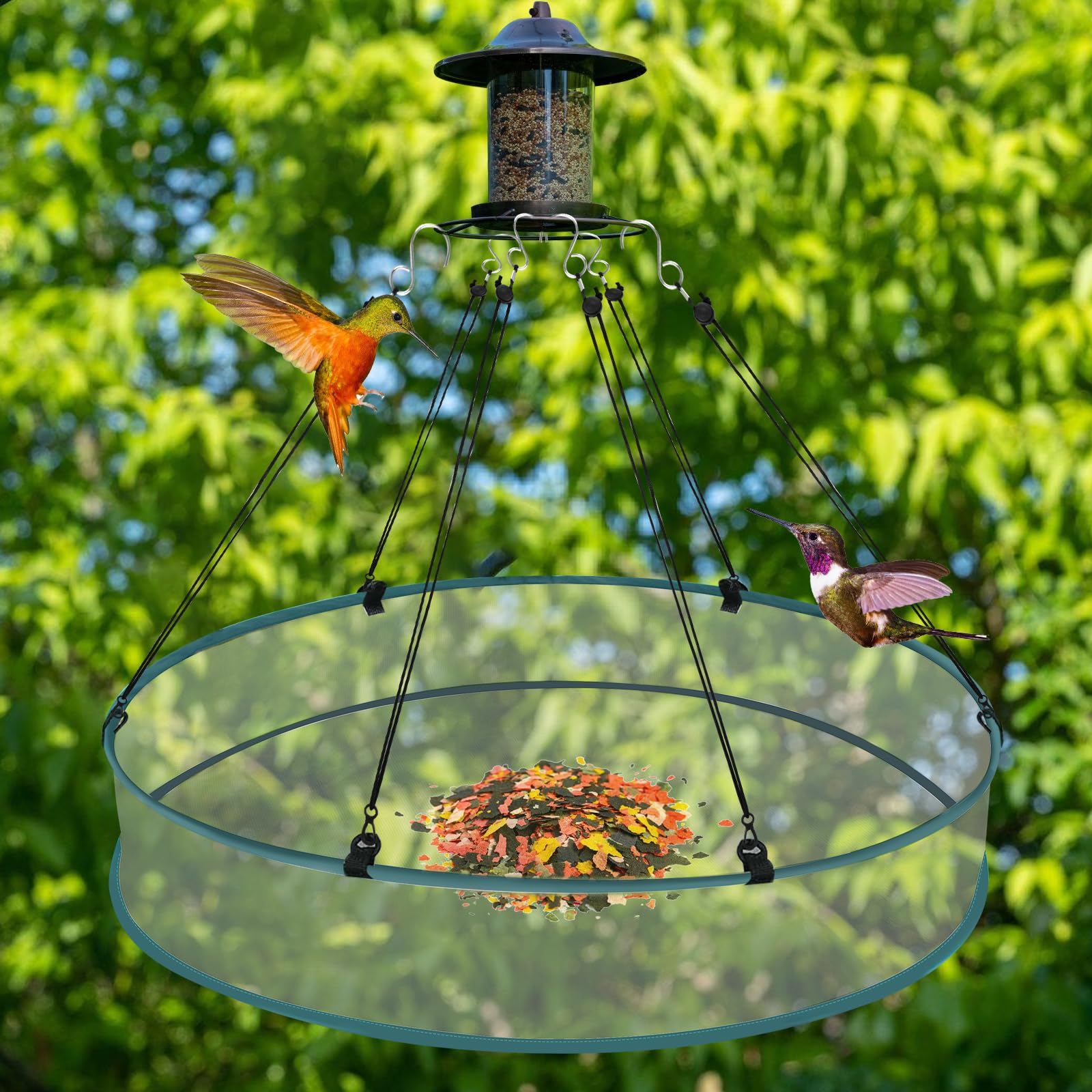 Vassoio raccogli semi per uccelli da appendere, piattaforma rotonda da 61 cm, cerchio regolabile, da giardino, confezione da 2