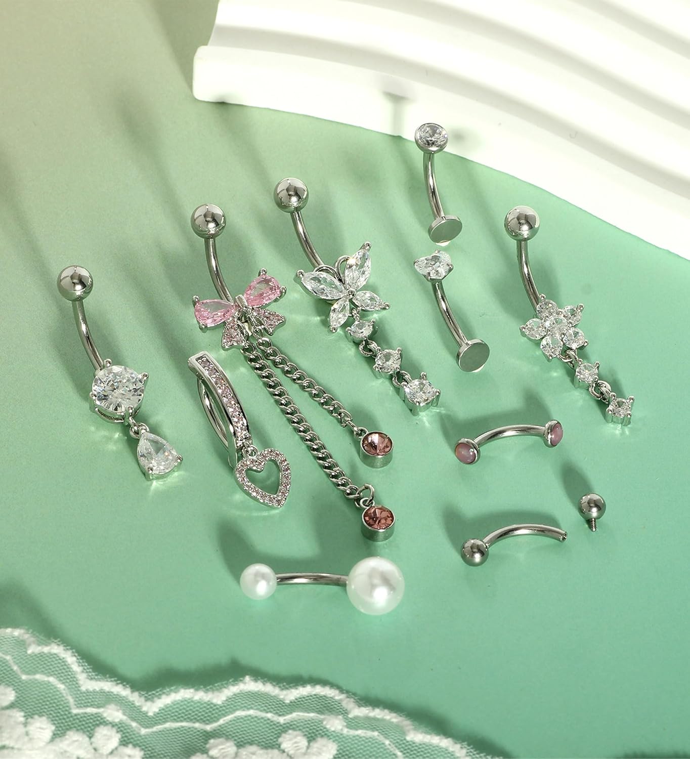 Dangle Floating Gold Belly Button Ring Surgical Stainless Steel Navel Piercing Set Hypoallergenic Small 14g Belly ring Heart Short Cute Pink Dangly Belly Piercing Jewelry for Women - Image 6