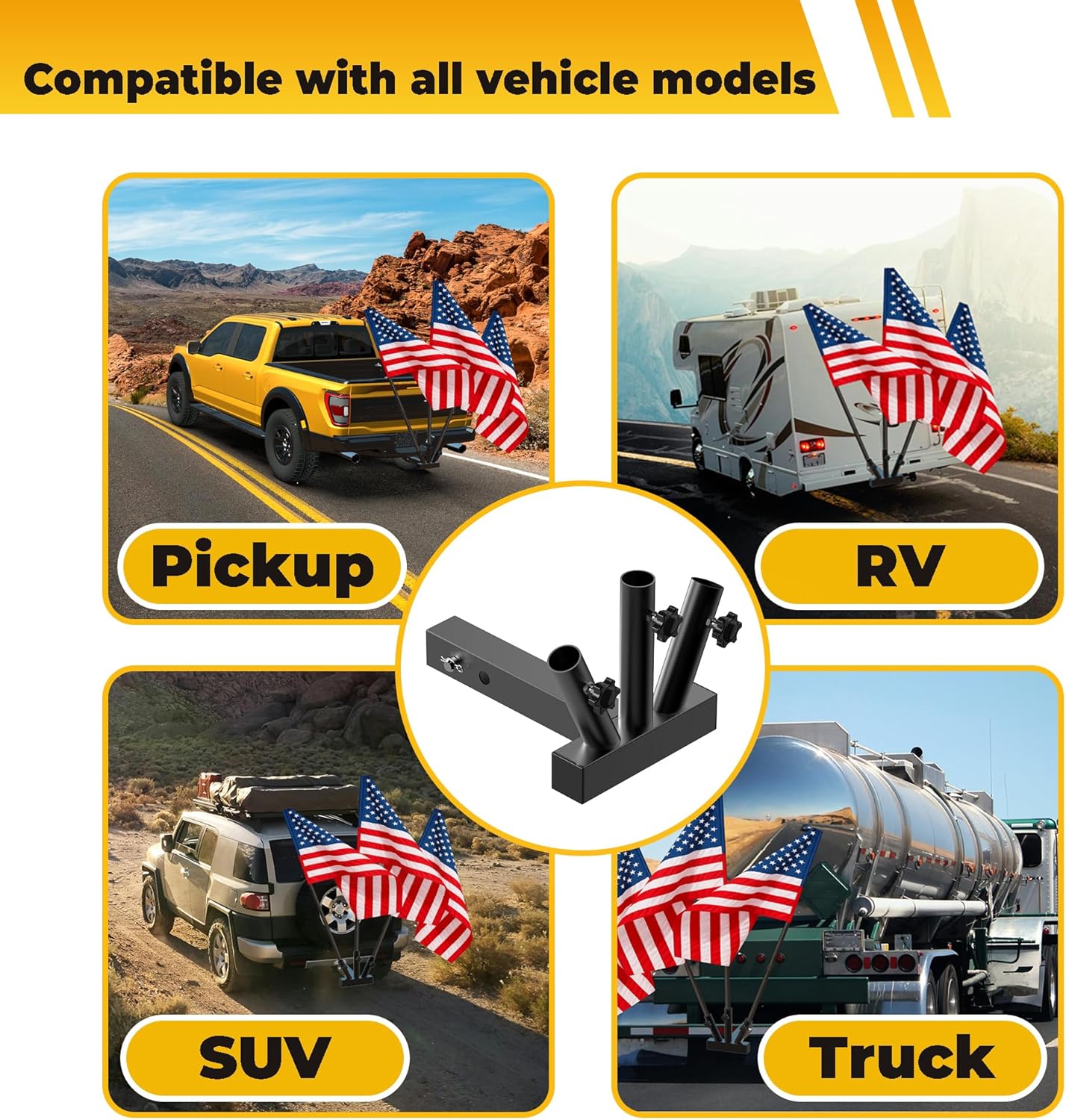 Triple Hitch Flag Pole Holder for Truck, Fits Standard 2" Trailer Hitch, RV Flagpole Kit, Car Receiver Flag Pole Mount, Compatible with Jeep, RV, Camper, SUV, Pickup - Image 4