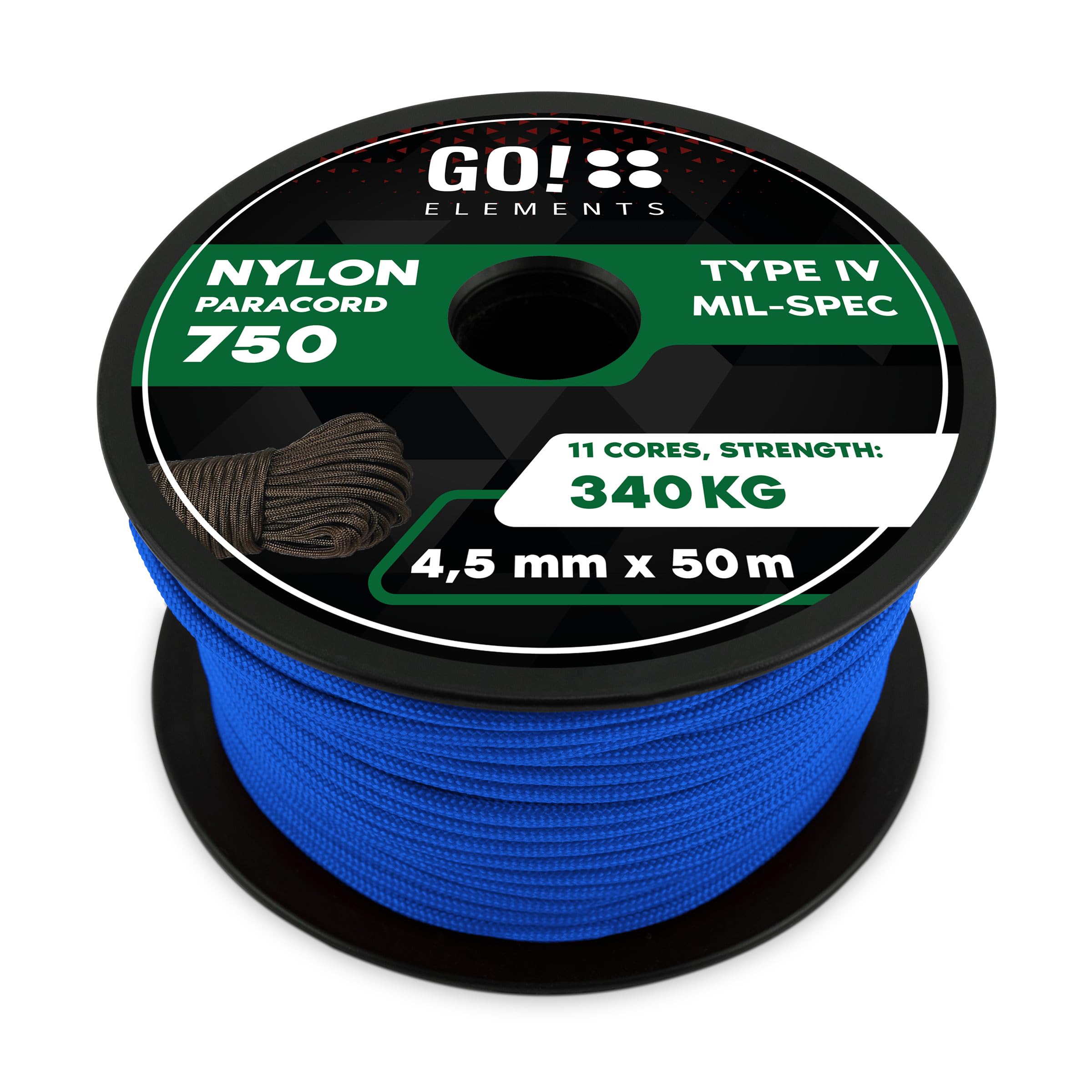GO!elements Paracord 750 Type IV | Corde en Nylon 100% résistante et extrêmement Stable | ø 4,5 mm - 11 brins - Max. 340 KG | Corde Polyvalente et reepsnoer pour Survie, Camping