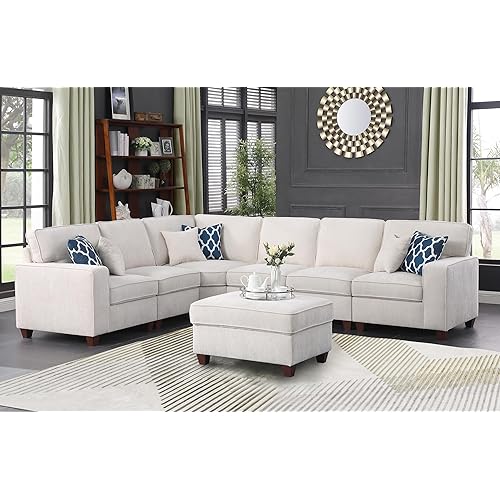 Ball & Cast 116" L-Shaped Sectional Couch with Movable Ottoman and 6 Throw Pillows,7 Seat Chenille Upholstered Sectional Sofa W/Wide Armrest,DIY Combination,Comfy Sectionals Set for Living Room,Beige