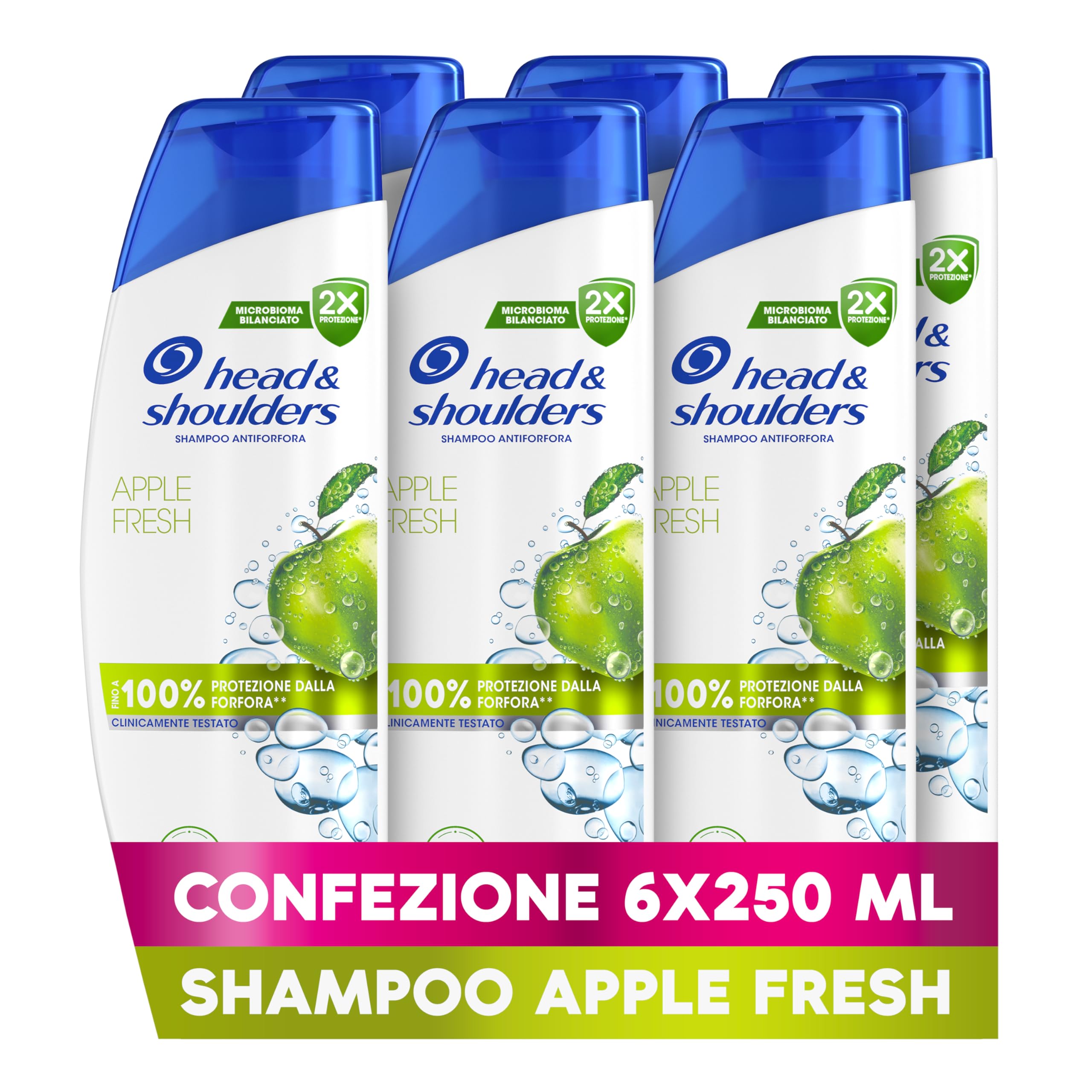 Head & Shoulders Apple Fresh Shampoo Antiforfora 250ml Formato Convenienza X6. Uso Quotidiano. Fino al 100% Protezione dalla Forfora, Clinicamente Testato. Per Tutti i Tipi di Cute e Capelli Nuova versione