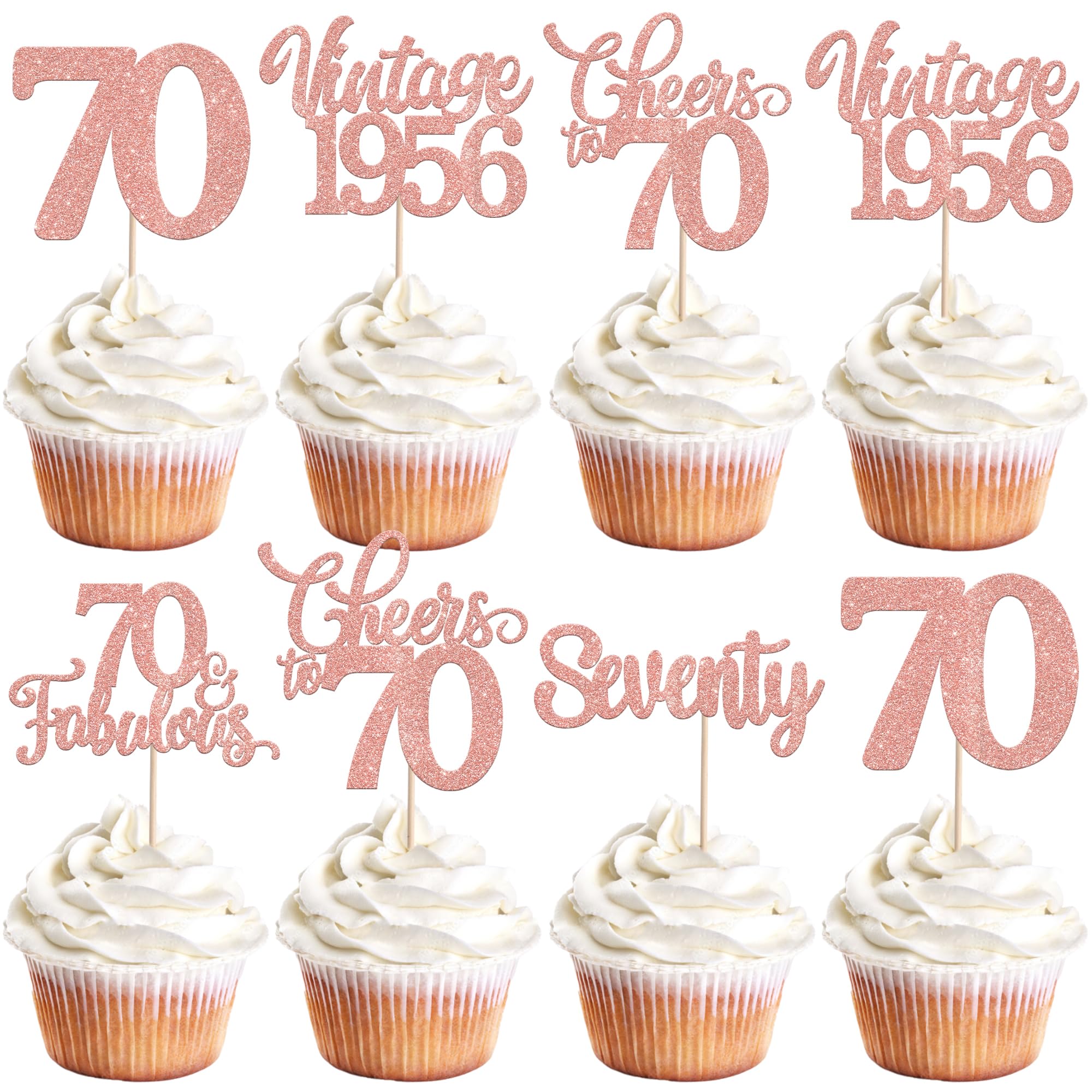 SYKYCTCY 30 Pack Happy 70th Birthday Cupcake Toppers Glitter Seventy Vintage 1956 Cupcake Picks Cheers to 70 Fabulous Hello 70 Cake Decorations for Birthday Wedding Anniversary Party Supplies - Image 8