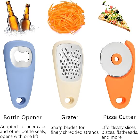 6 Piece Kitchen Gadget Set – Portable Kitchen Gadget with Pizza Cutter, Peeler, Herb Scissors, Bottle Opener, Grater & Garlic Press – Space-Saving Camping Accessories for Outdoor Cooking, Motorhome.