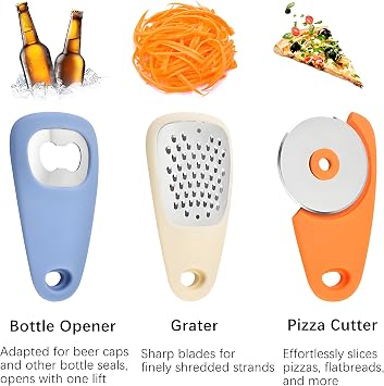 6 Piece Kitchen Gadget Set – Portable Kitchen Gadget with Pizza Cutter, Peeler, Herb Scissors, Bottle Opener, Grater & Garlic Press – Space-Saving Camping Accessories for Outdoor Cooking, Motorhome.