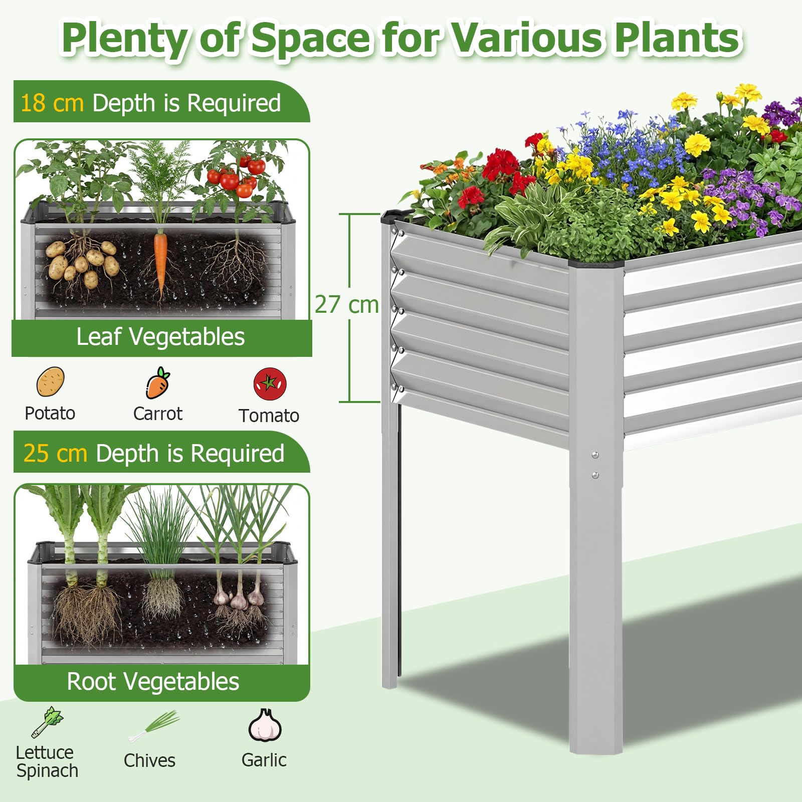FANTASK Jardinière surélevée en métal - 118 x 60 x 77,5 cm - avec système de Drainage jusqu'à 50 kg - pour légumes, Fruits, Fleurs, Herbes, Balcon, Jardin, terrasse - Argenté