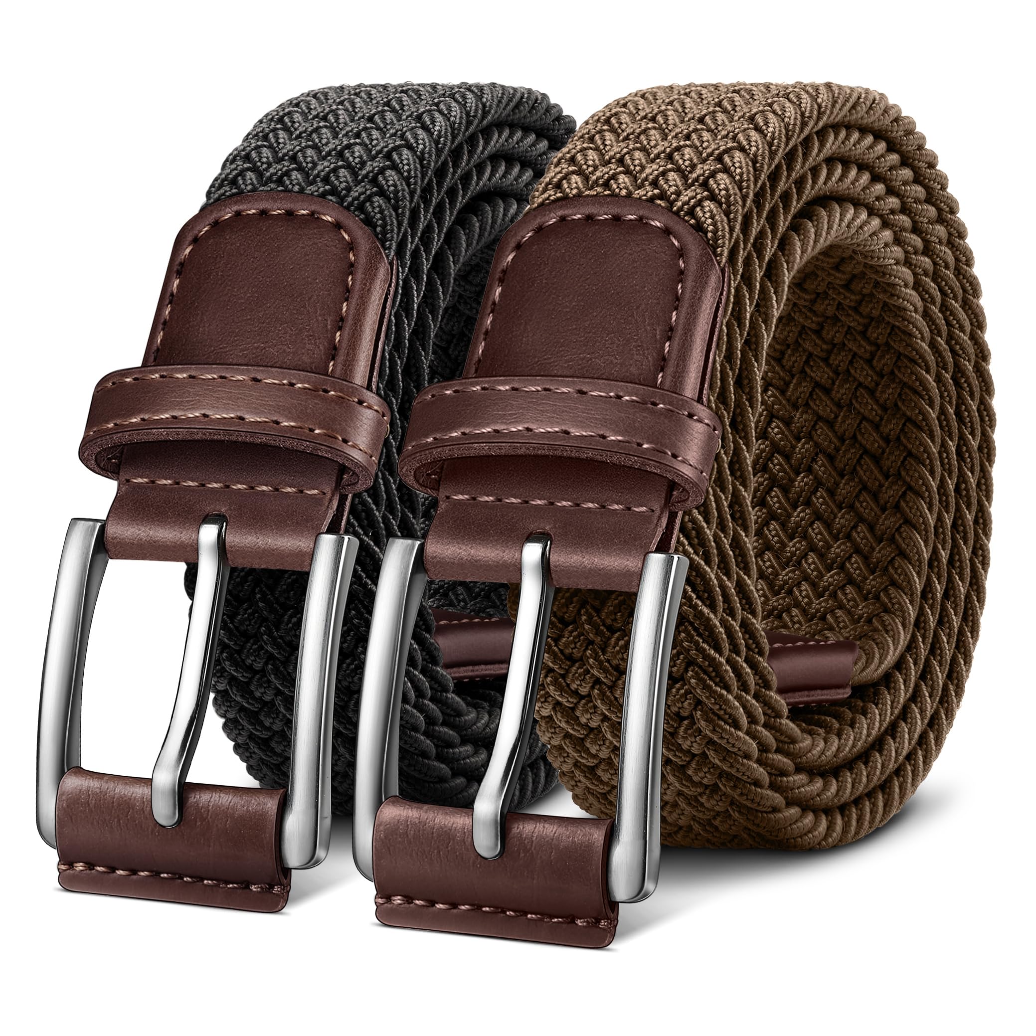 BULLIANT Woven Braided Stretch Web Belt 2Pack for Men 1 3/8"-Gift Boxed
