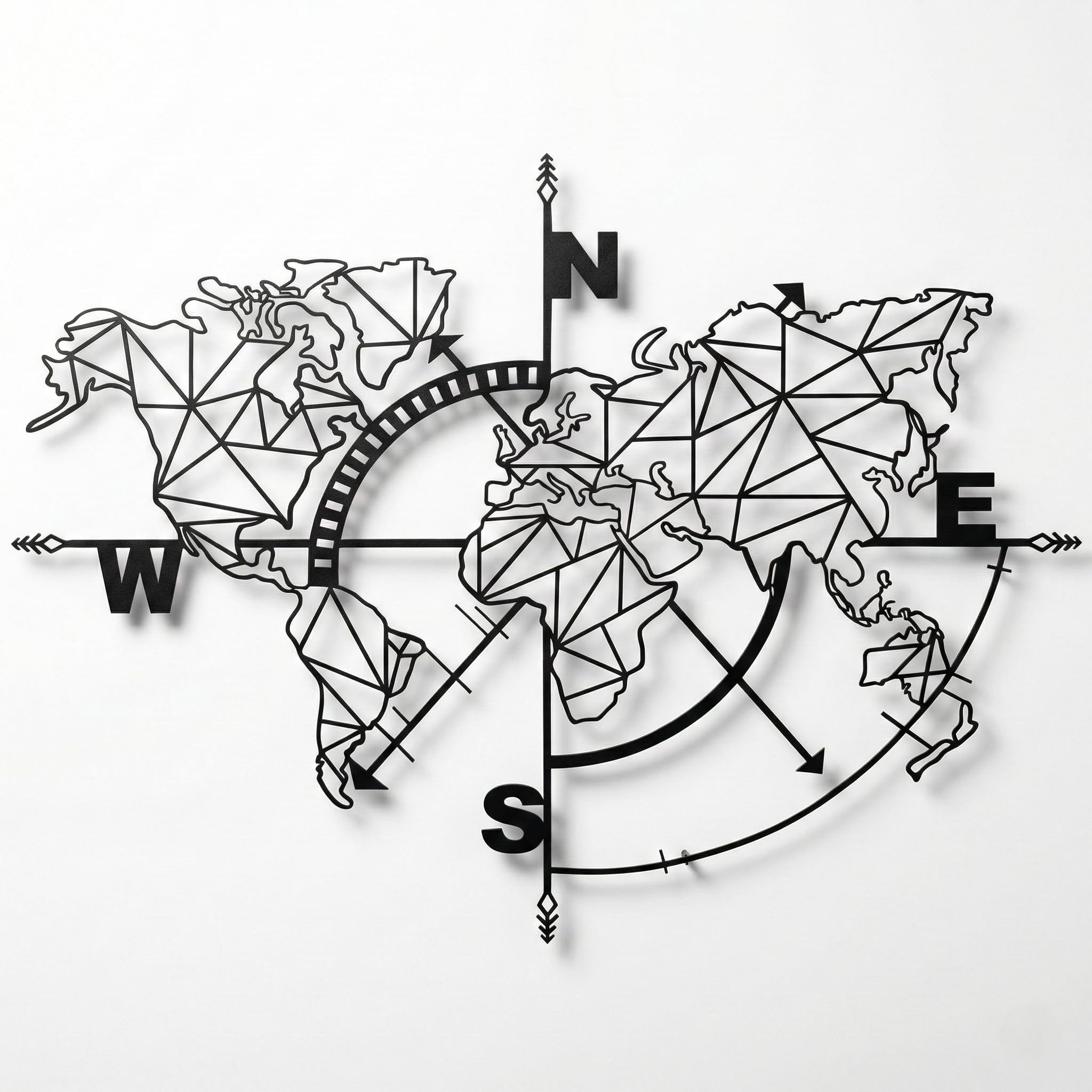 DEKADRON Metal World Map Wall Art, Geometric Compass Decor, Home Living Room Office Decoration (39" L x 30" W, Black)