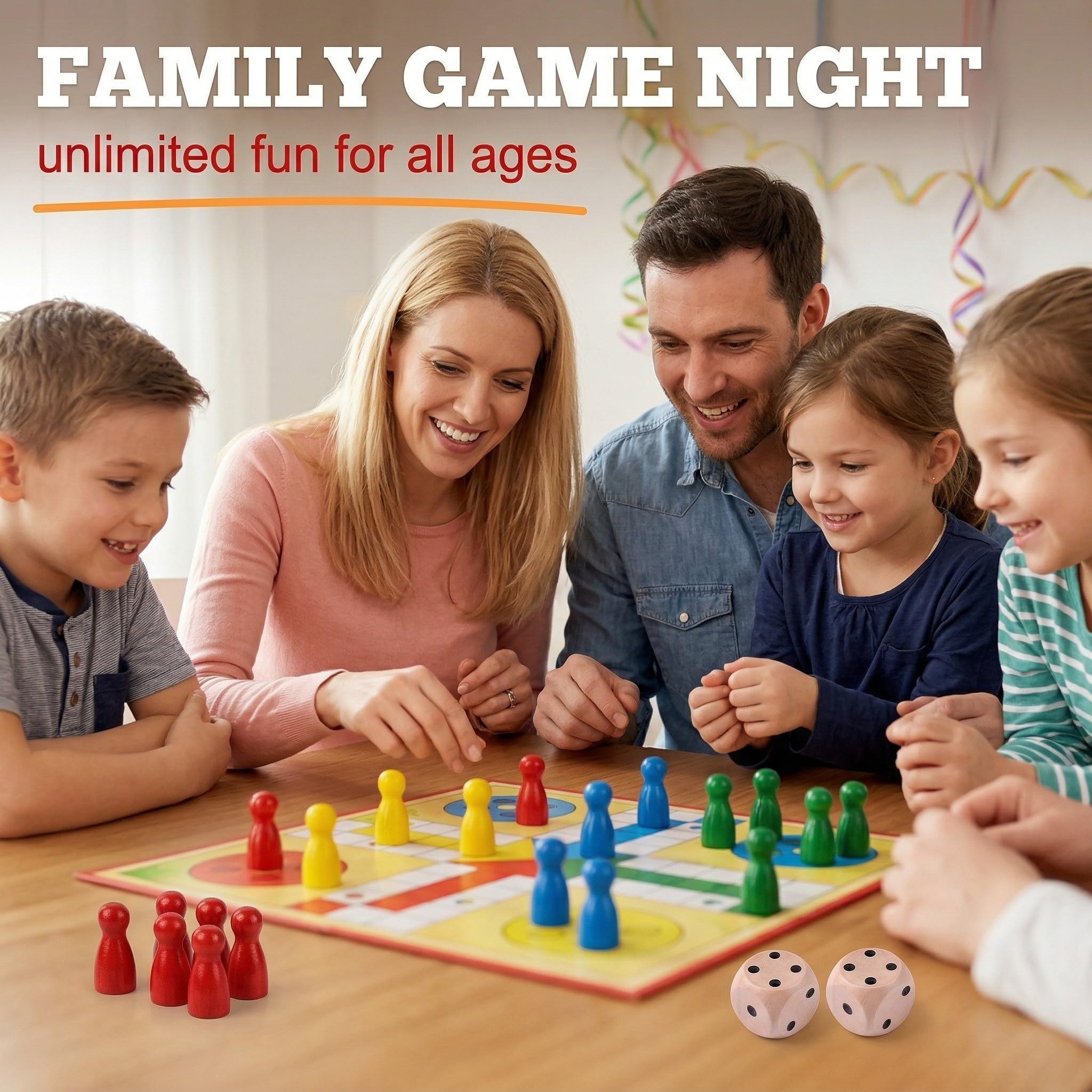 48PCS Pedine Gioco da Tavolo + 6PCS Dadi Dadi da Gioco in legno, Set di Pedine Colorate Personaggi Cono in Legno per Giochi Tavolo, Adatto ai bambini, Dadi da Gioco 14 mm
