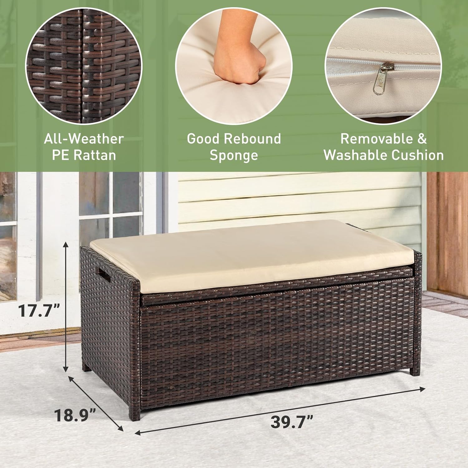 Deck Box Outdoor Storage Box Bench, PE Rattan Storage Bin with Built-in Handle and Beige Cushion for Pool and Garden Accessories