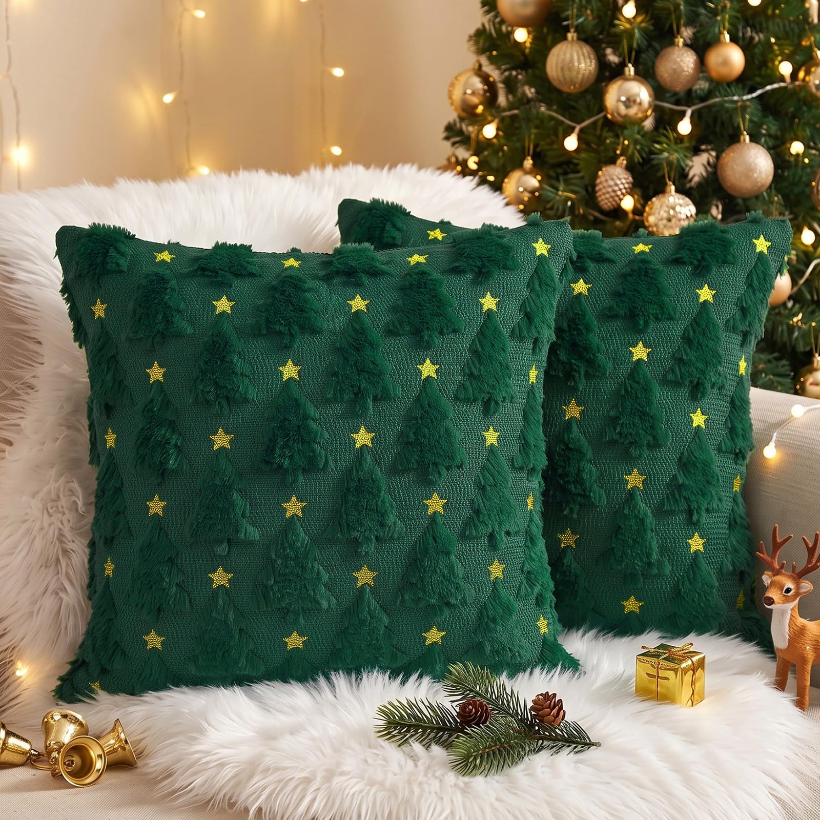 Vijamiy Christmas Cushion Covers 45x45cm Set of 2 Star Christmas Tree Green