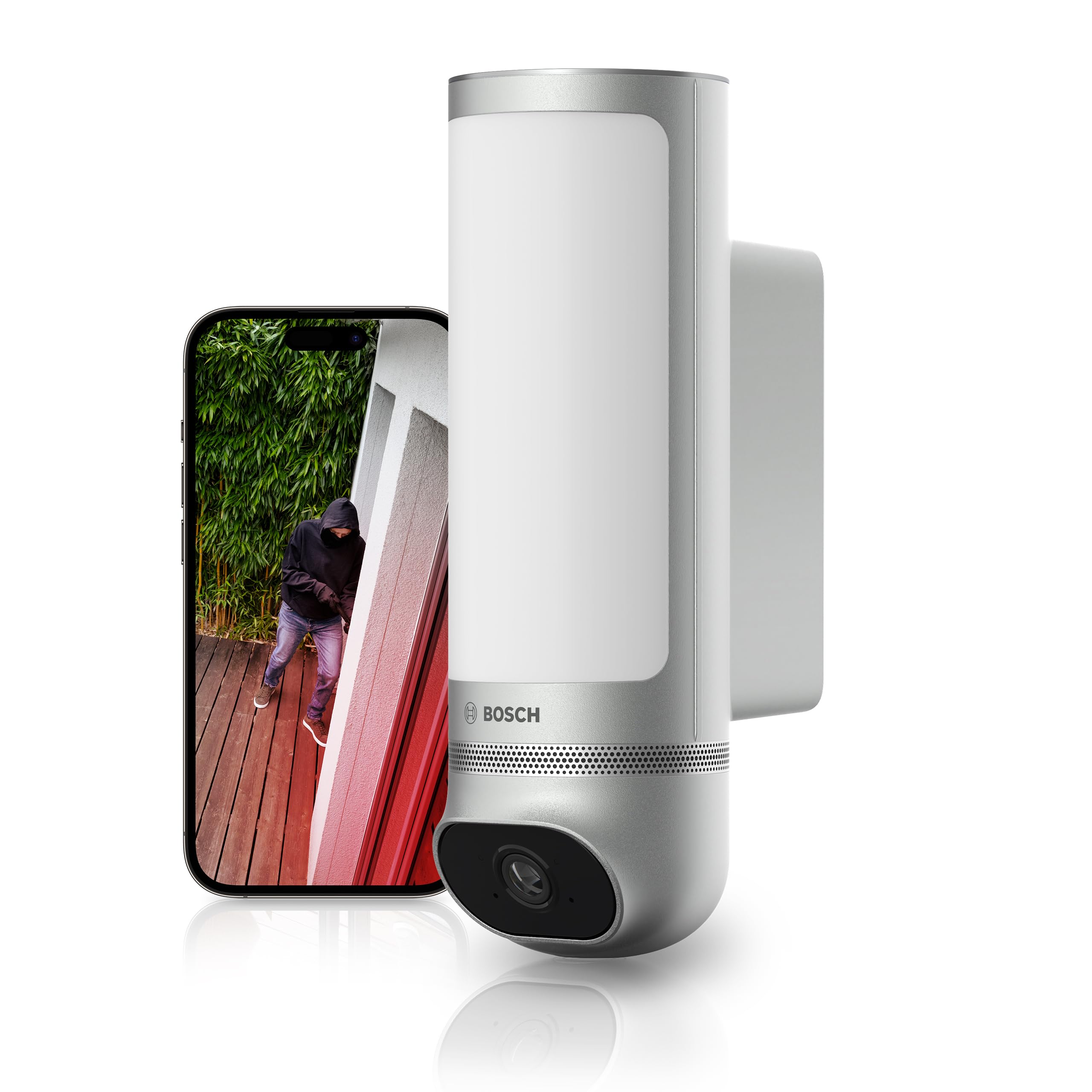 Bosch Smart Home Außenkamera II – 1080p Full-HD, Alarmsirene & Design-Leuchte (Silber)