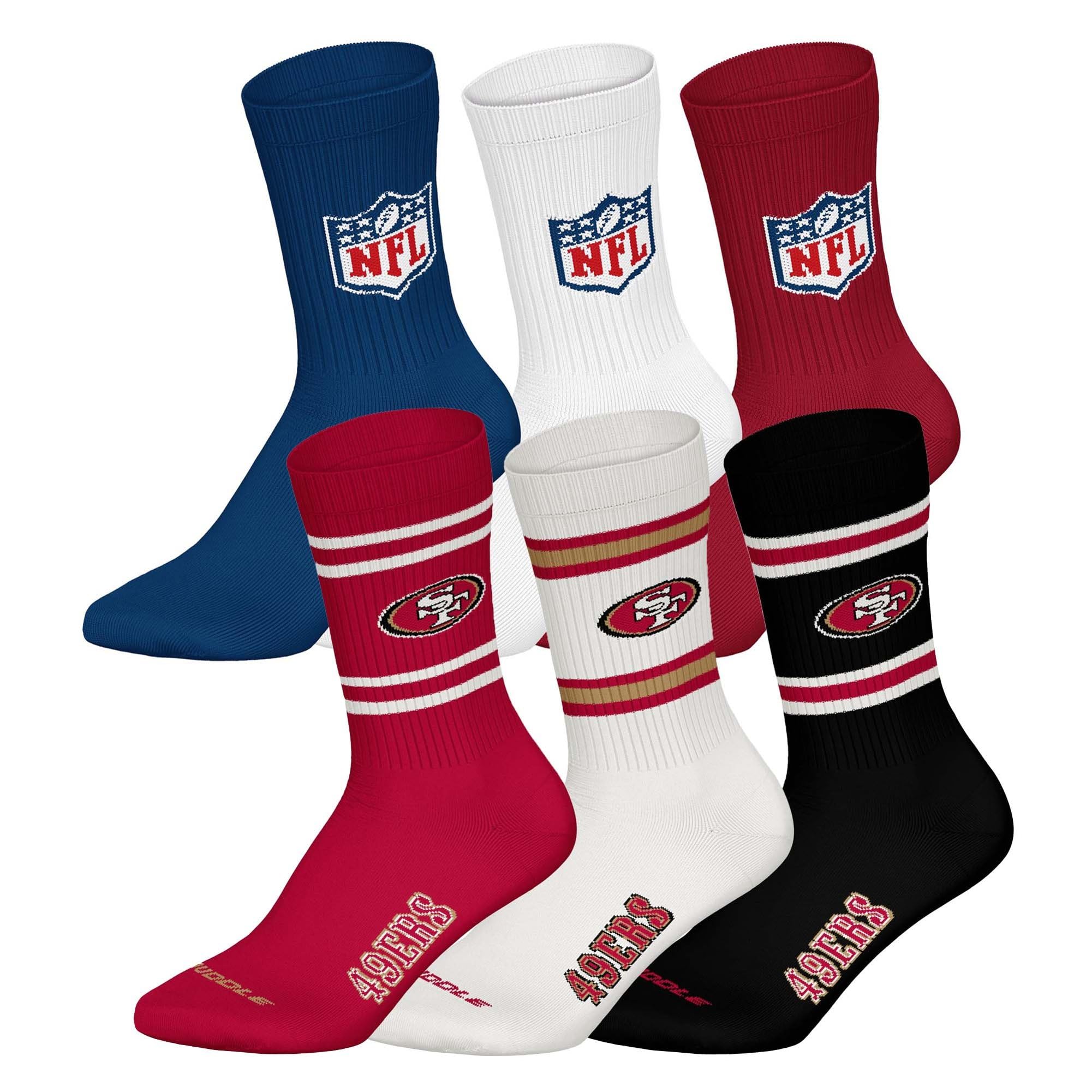 NFL Unisex Team Crew Socks, San Francisco 49ers 2, Mix, 43-46, Pack of 6