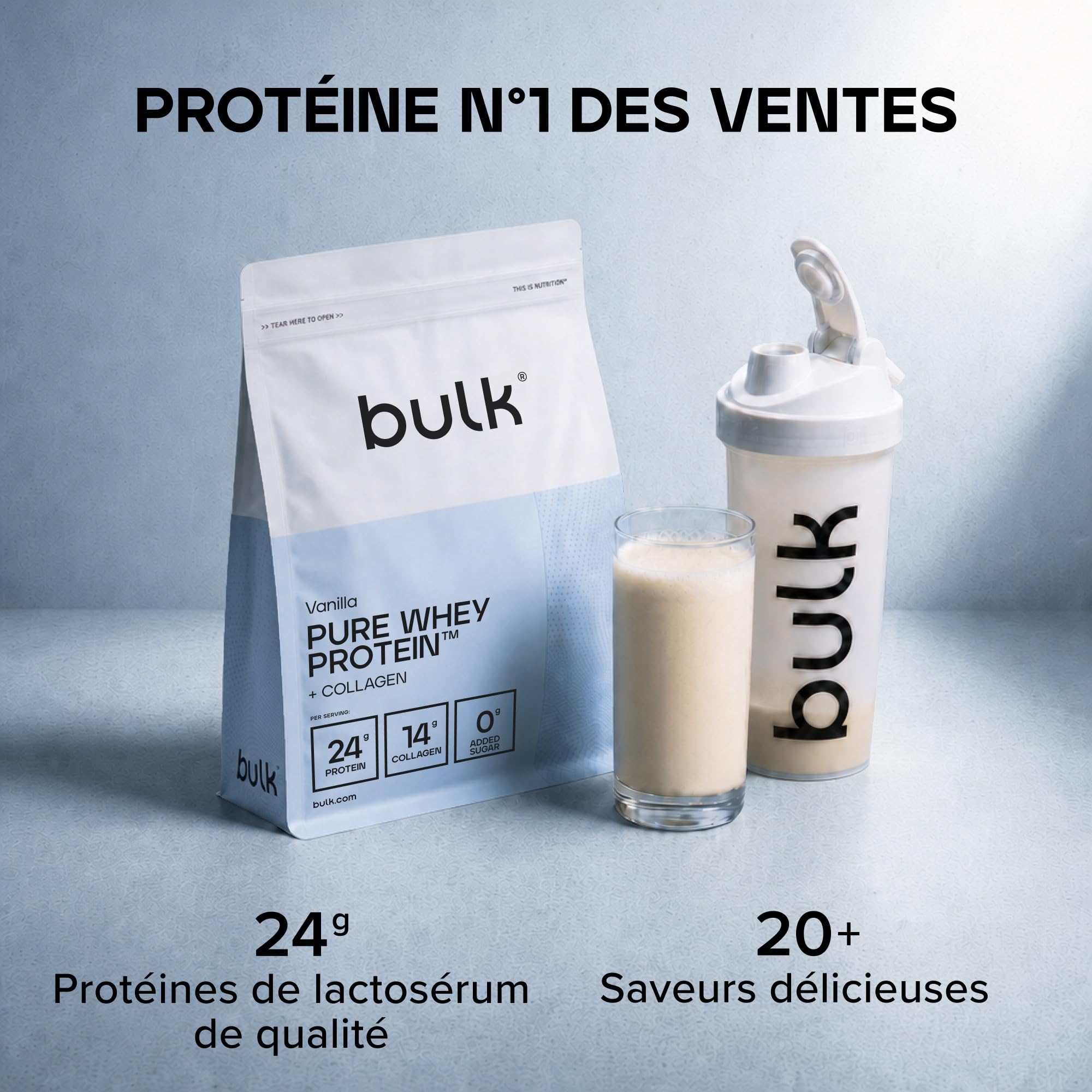 Bulk Pure Whey Protein + Collagène, Vanille, 900g