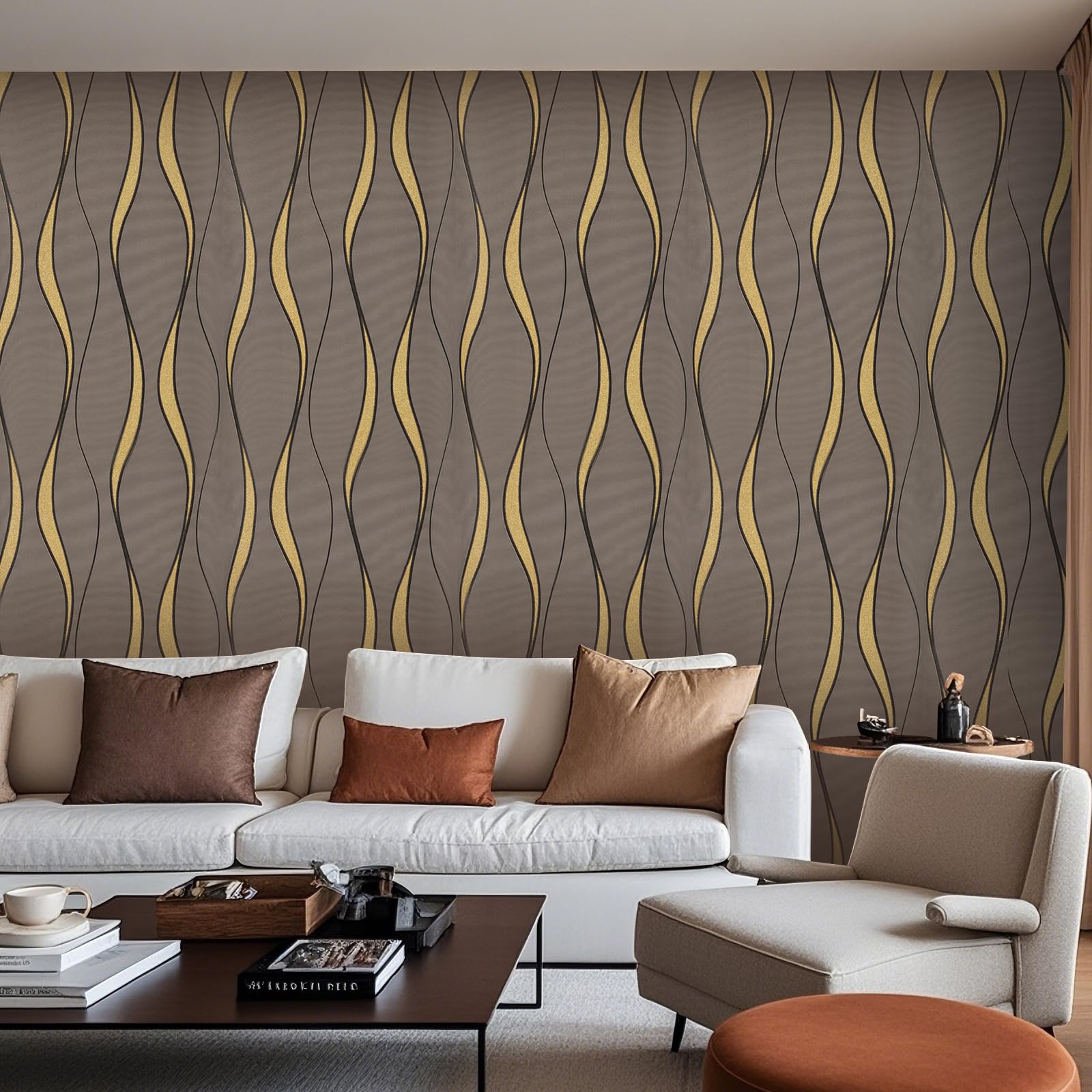 Tarwanear Brown Glitter Stripes Wallpaper Modern Non-Woven DIY Wall Paper Roll 9.5×0.53m Modern Minimalist 3D Embossed Wallpaper for TV Background Bedroom Livingroom
