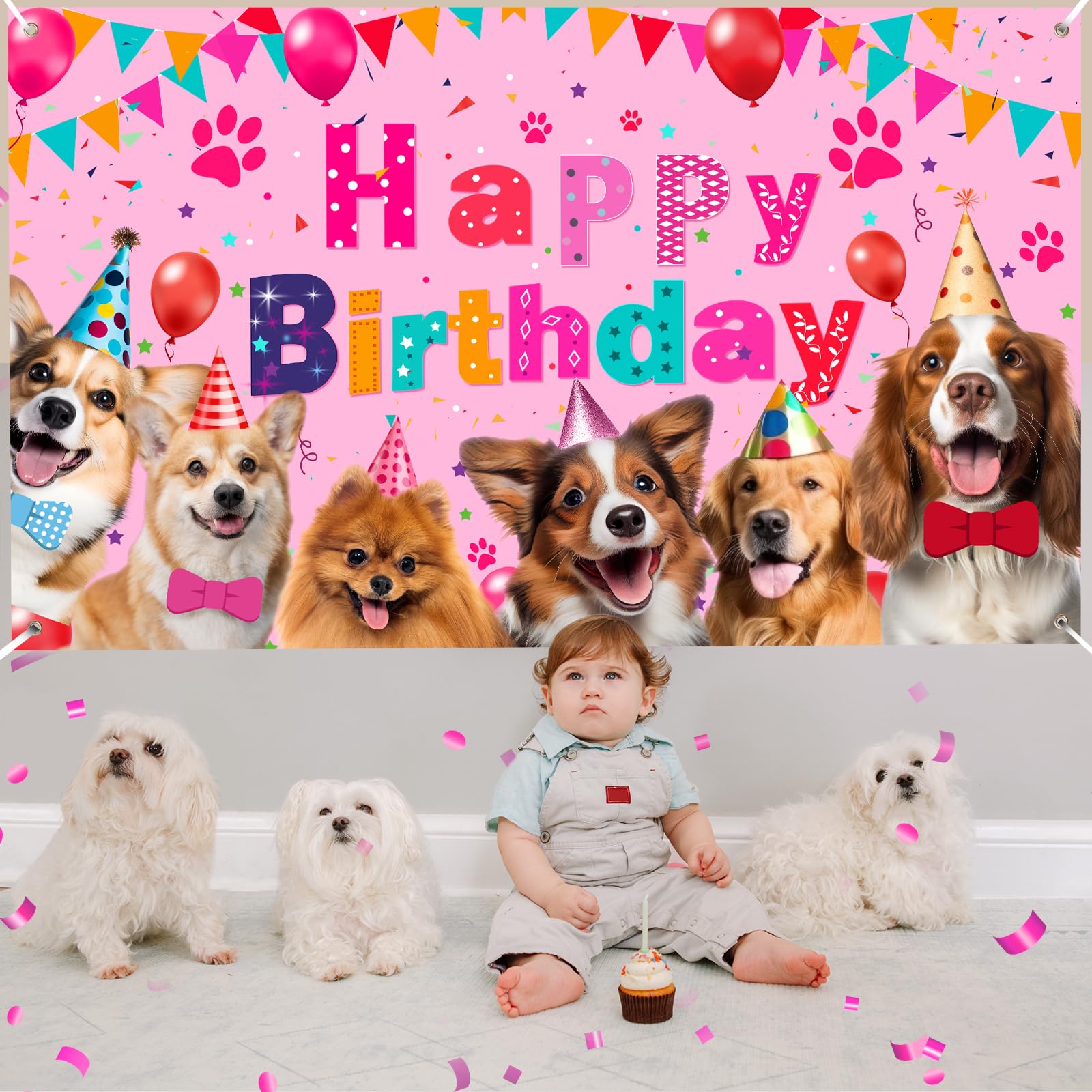 Dog Paw Print Birthday Banner - Rose Red Happy Birthday Decor For Dog Theme Party, Baby Shower Supplies