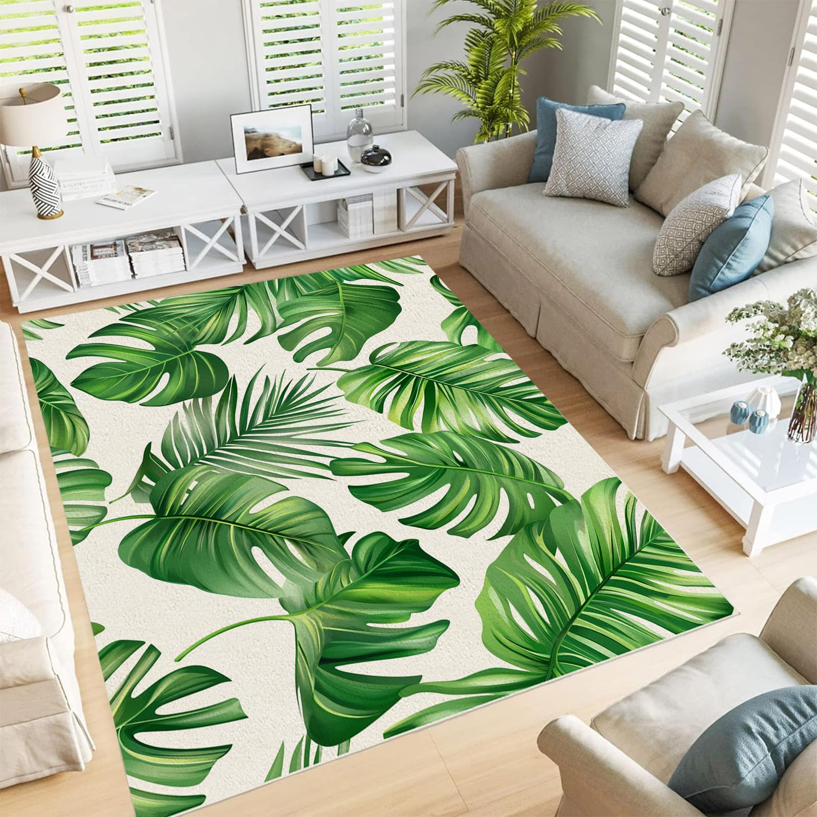 Tapis antidérapant et lavable moderne à motif feuilles pour salon