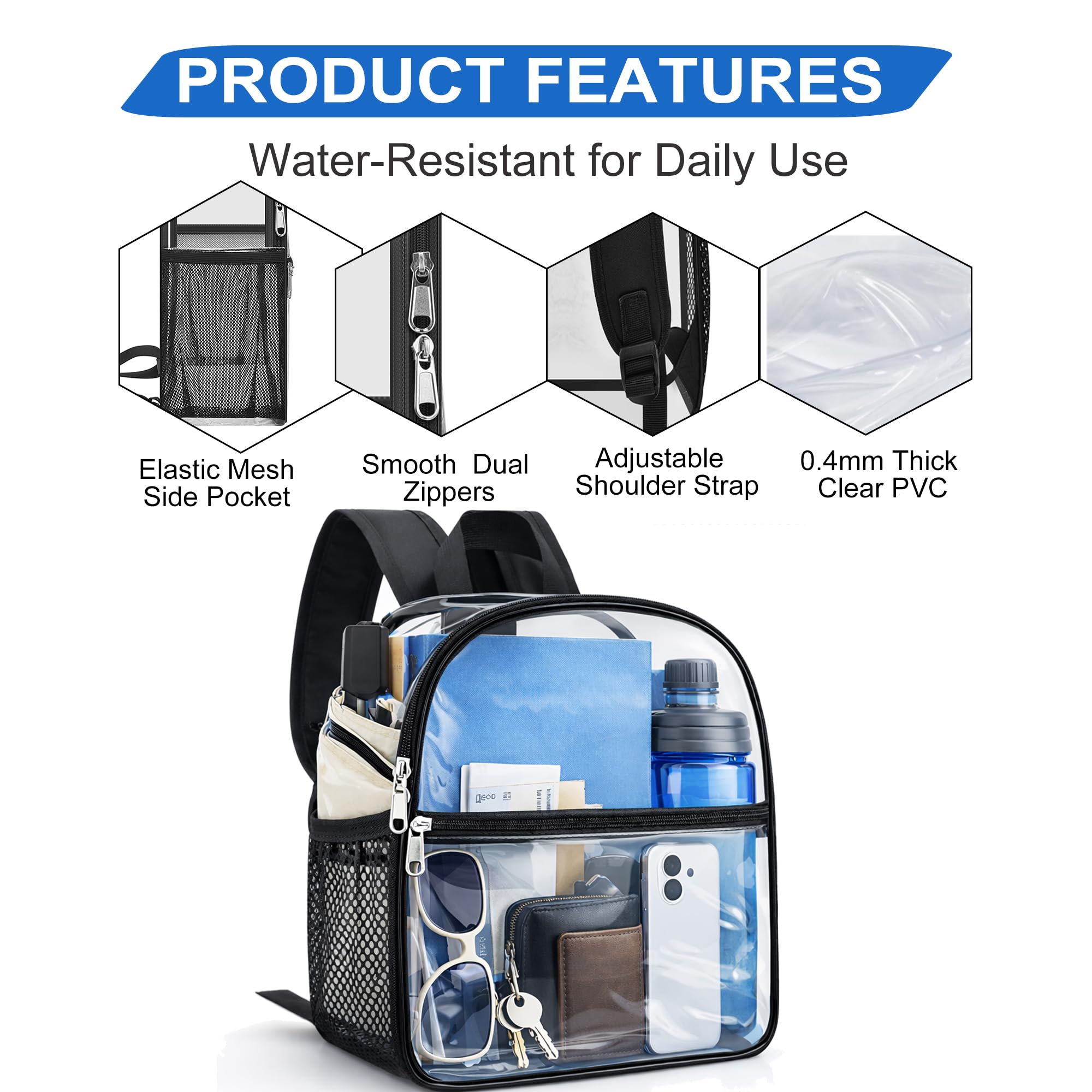 Transparent Vinyl Security Backpack,Clear Backpack, Heavy Duty See Through Backpack, Transparent Bookbag for Work, Security Travel & Sporting Event (Black) 2