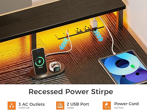 Miniatura 8 de ODK Escritorio en forma de L con cajón de archivos, escritorio reversible en forma de L de 75 pulgadas con toma de corriente y tira LED, escritorio